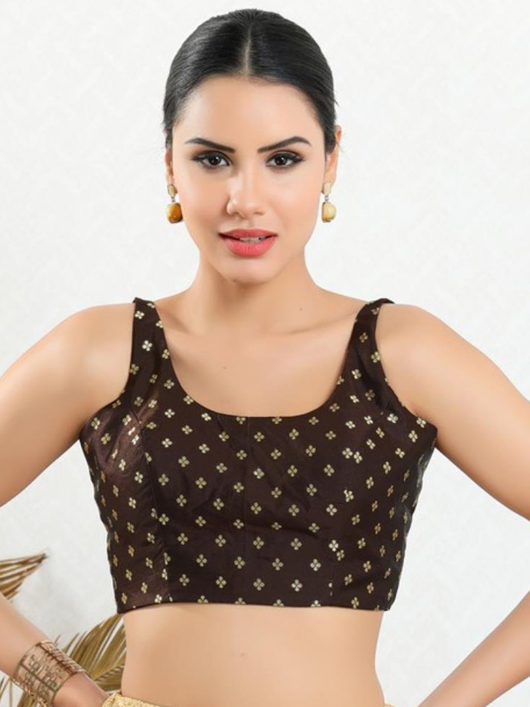 

SALWAR STUDIO Printed Sleeveless Padded Readymade Saree Blouse, Brown