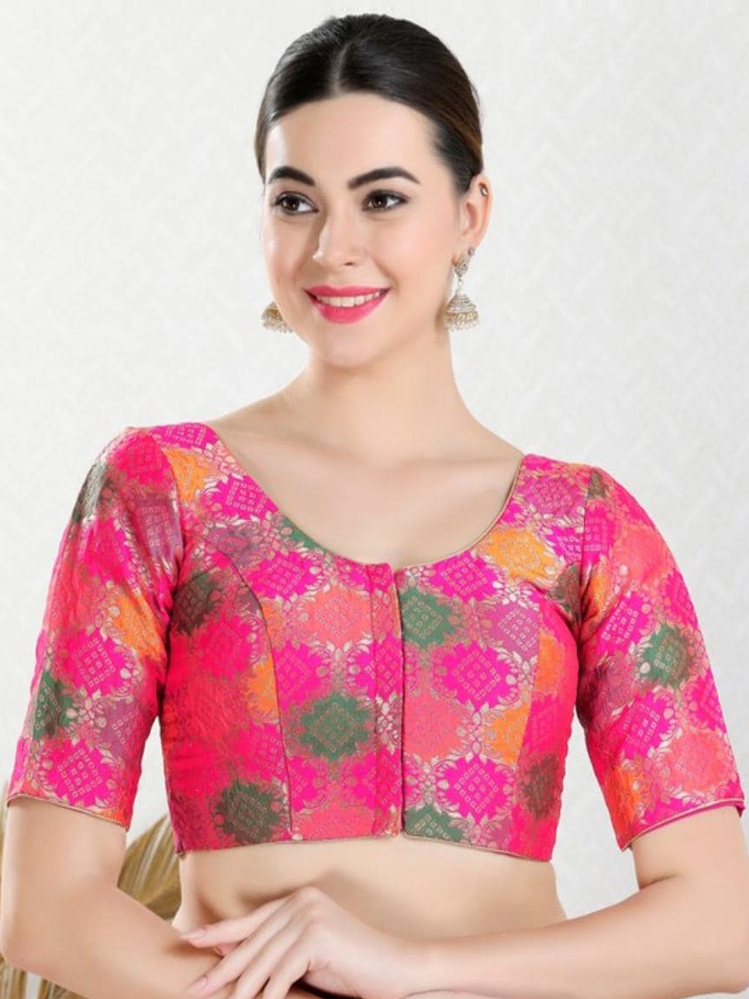 

SALWAR STUDIO Printed Padded Readymade Saree Blouse, Pink
