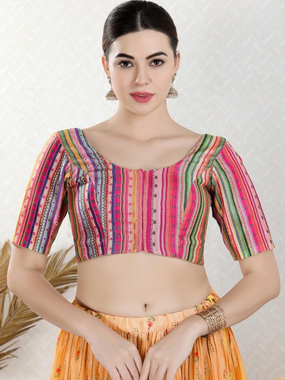 

SALWAR STUDIO Woven Design Padded Readymade Saree Blouse, Pink