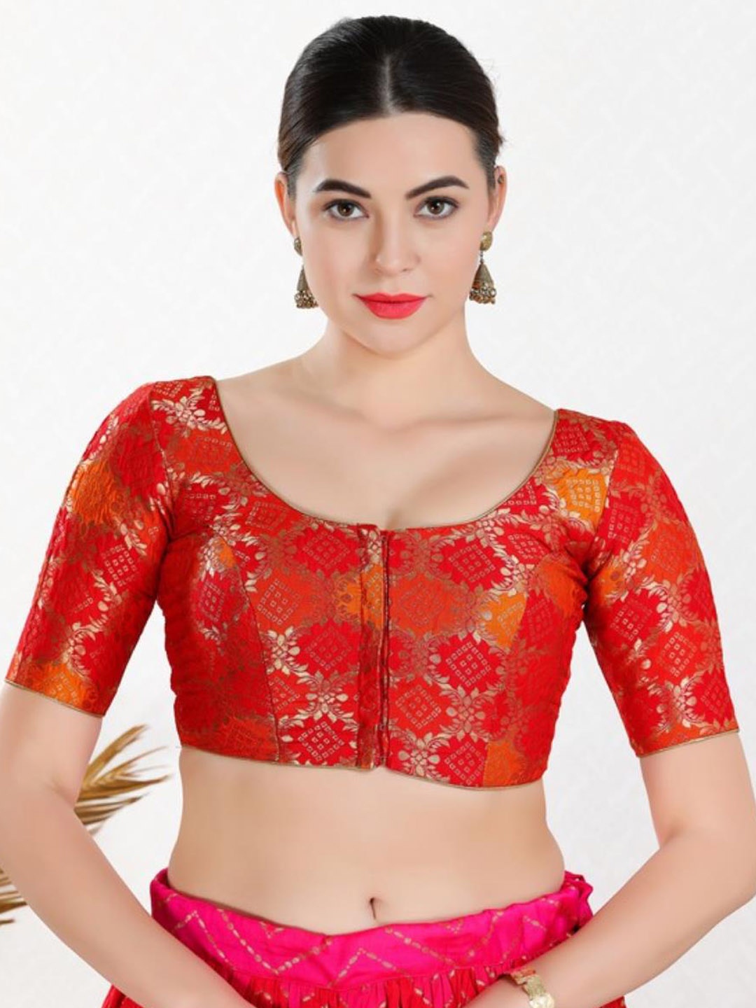 

SALWAR STUDIO Printed Jacquard Readymade Saree Blouse, Red