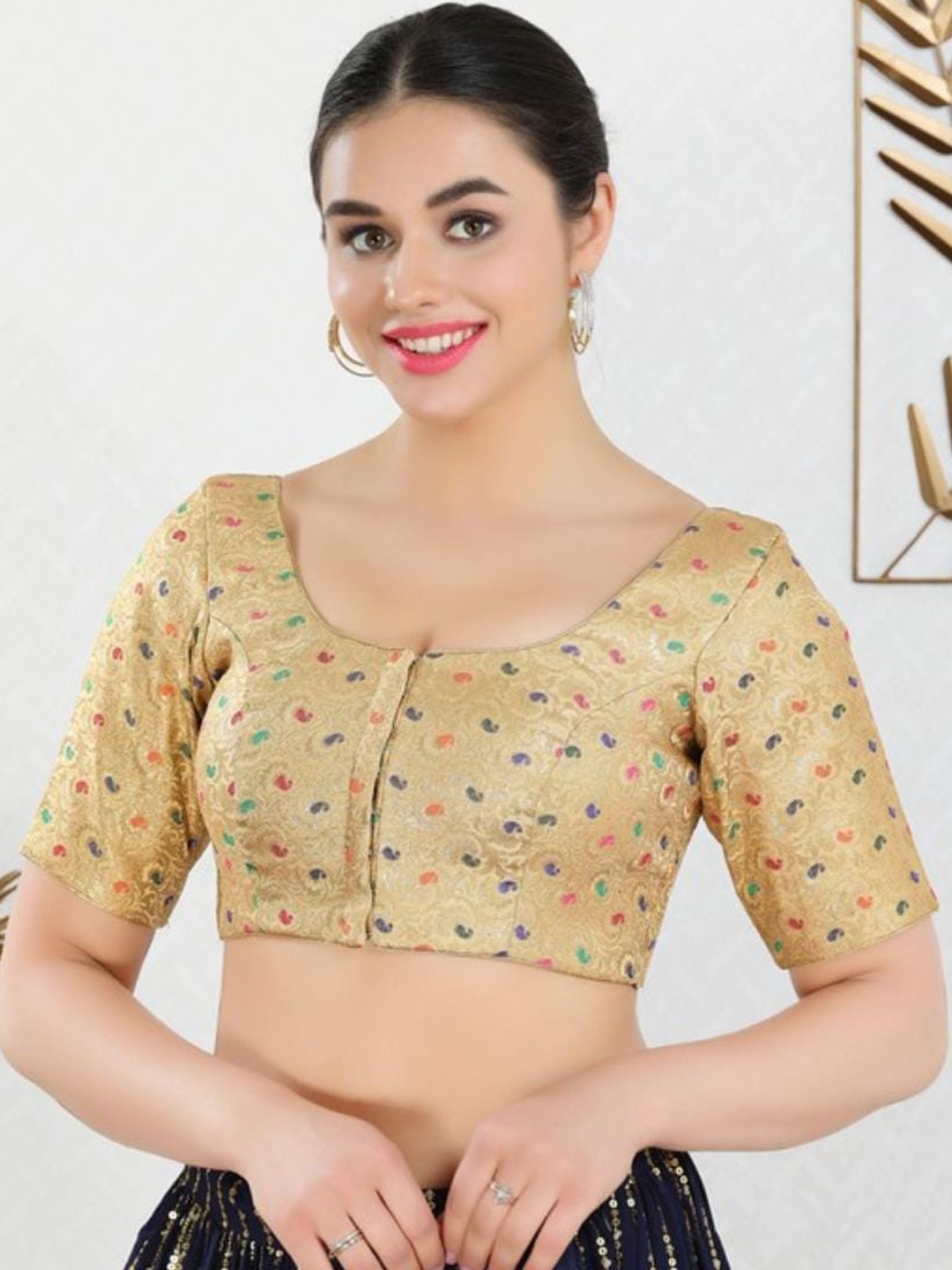 

SALWAR STUDIO Woven Design Padded Readymade Saree Blouse, Gold