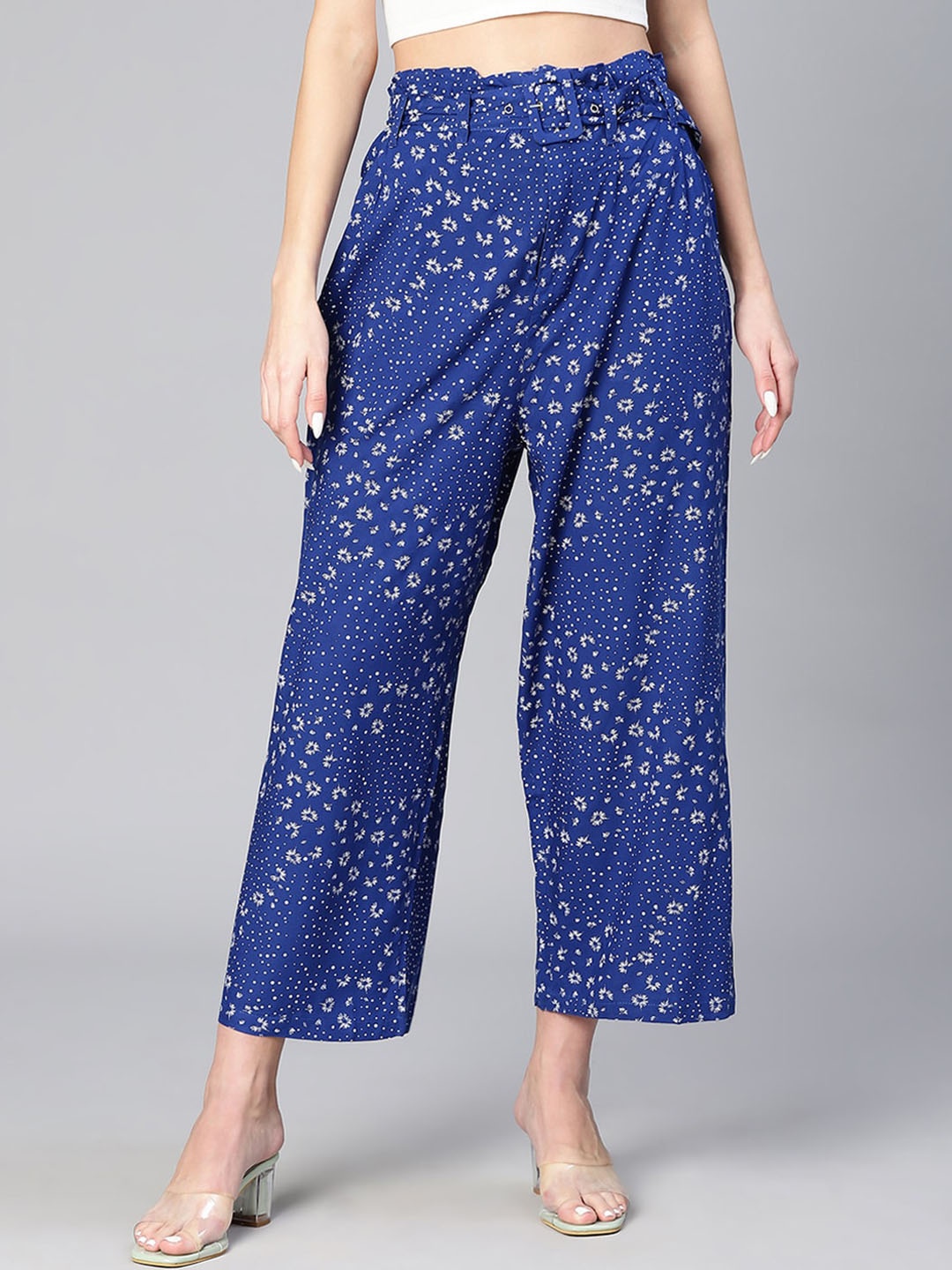

Oxolloxo Women Abstract Printed Relaxed Fit Wrinkle Free Trousers, Blue