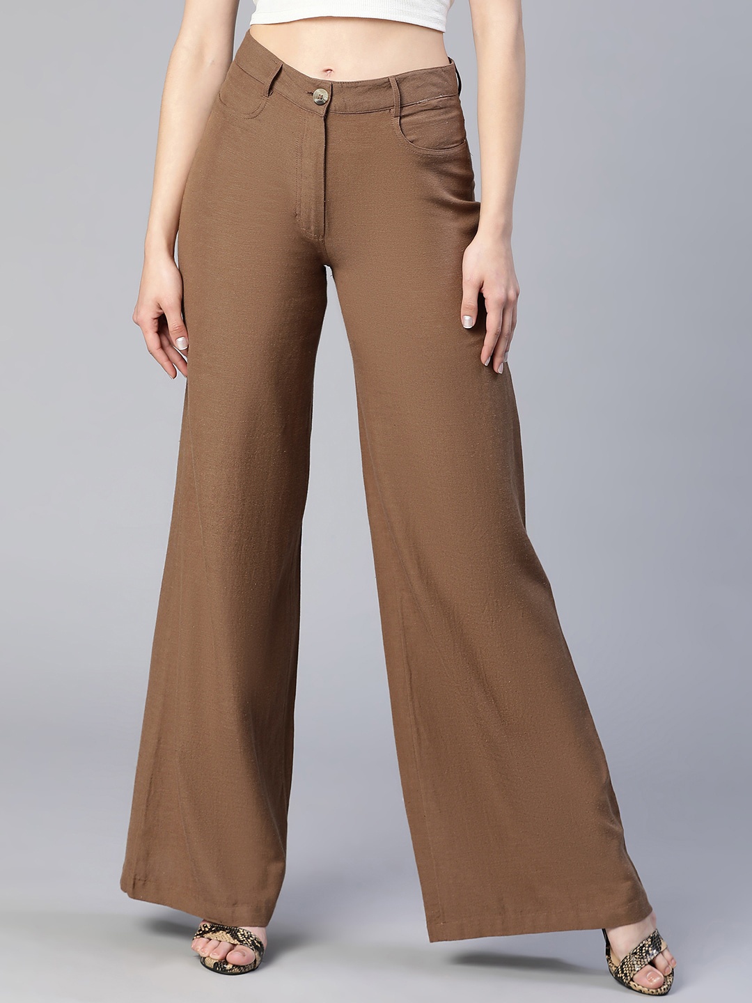 

Oxolloxo Women Smart High-Rise Linen Trousers, Brown