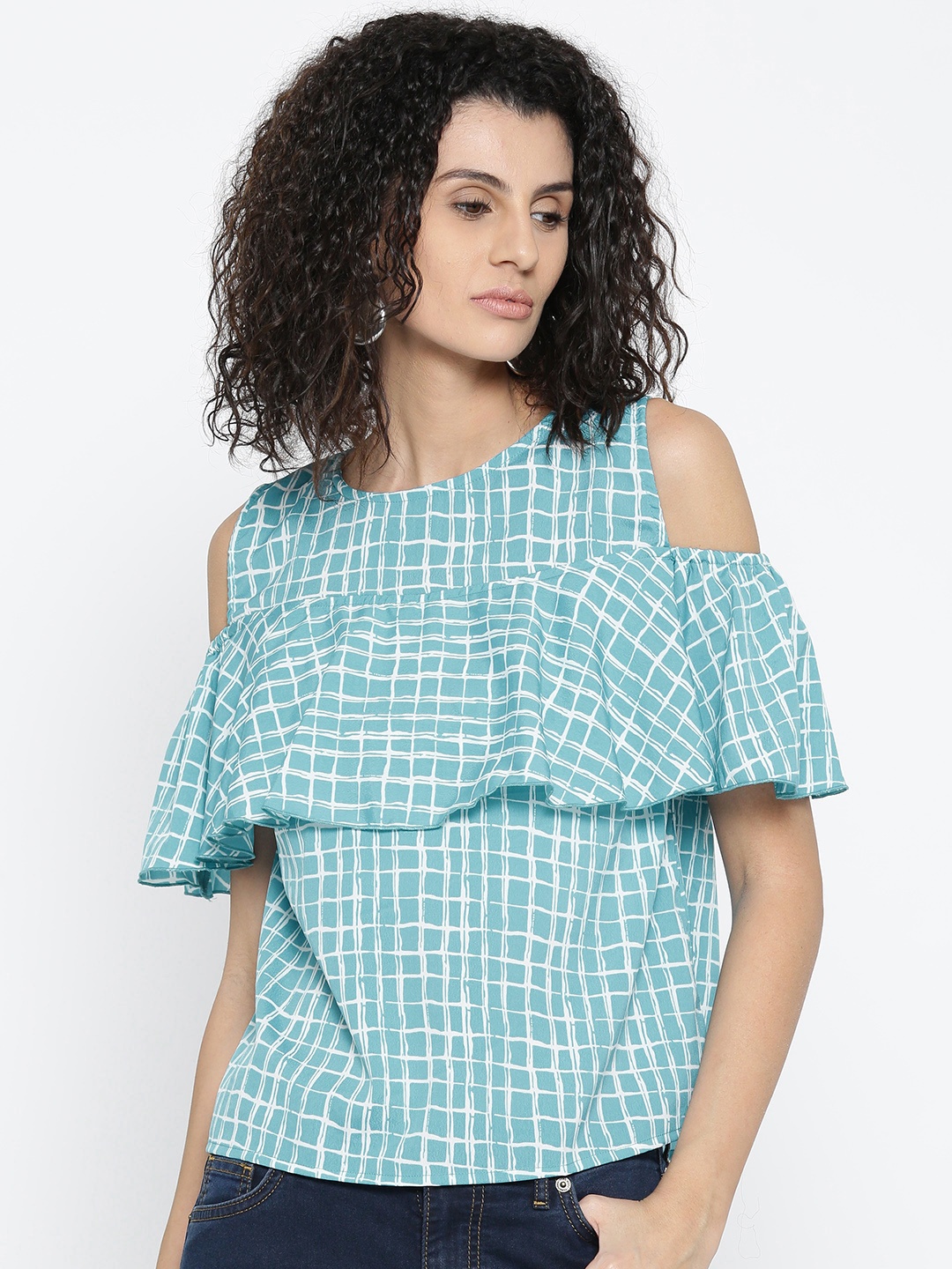 

Style Quotient Women Blue Checked Cold-Shoulder Top