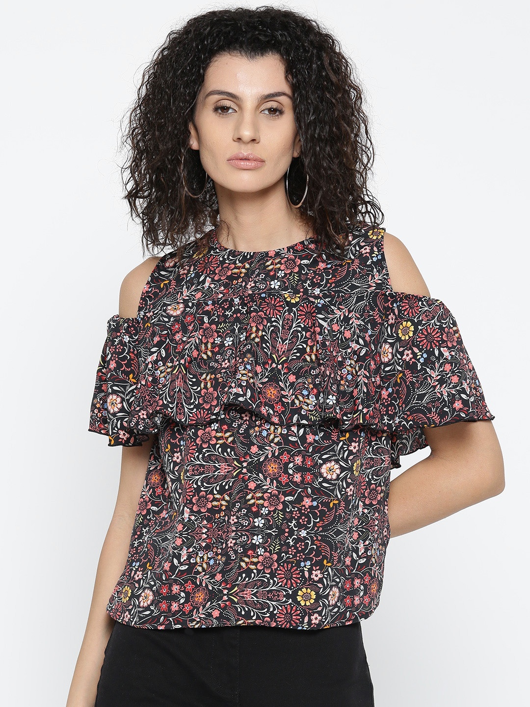 

Style Quotient Women Black & Dusty Pink Floral Print Layered A-Line Top