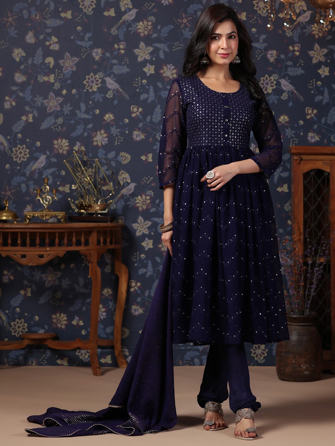 

House of Pataudi Embroidered Sequined Anarkali Georgette Kurta with Churidar & Dupatta, Navy blue