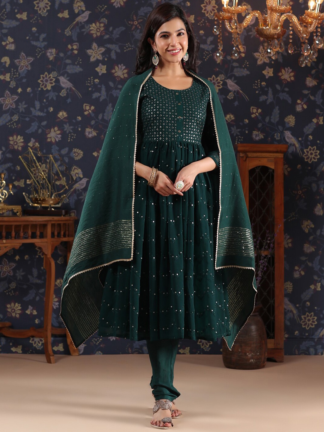 

House of Pataudi Embroidered Sequined Anarkali Georgette Kurta with Churidar & Dupatta, Green