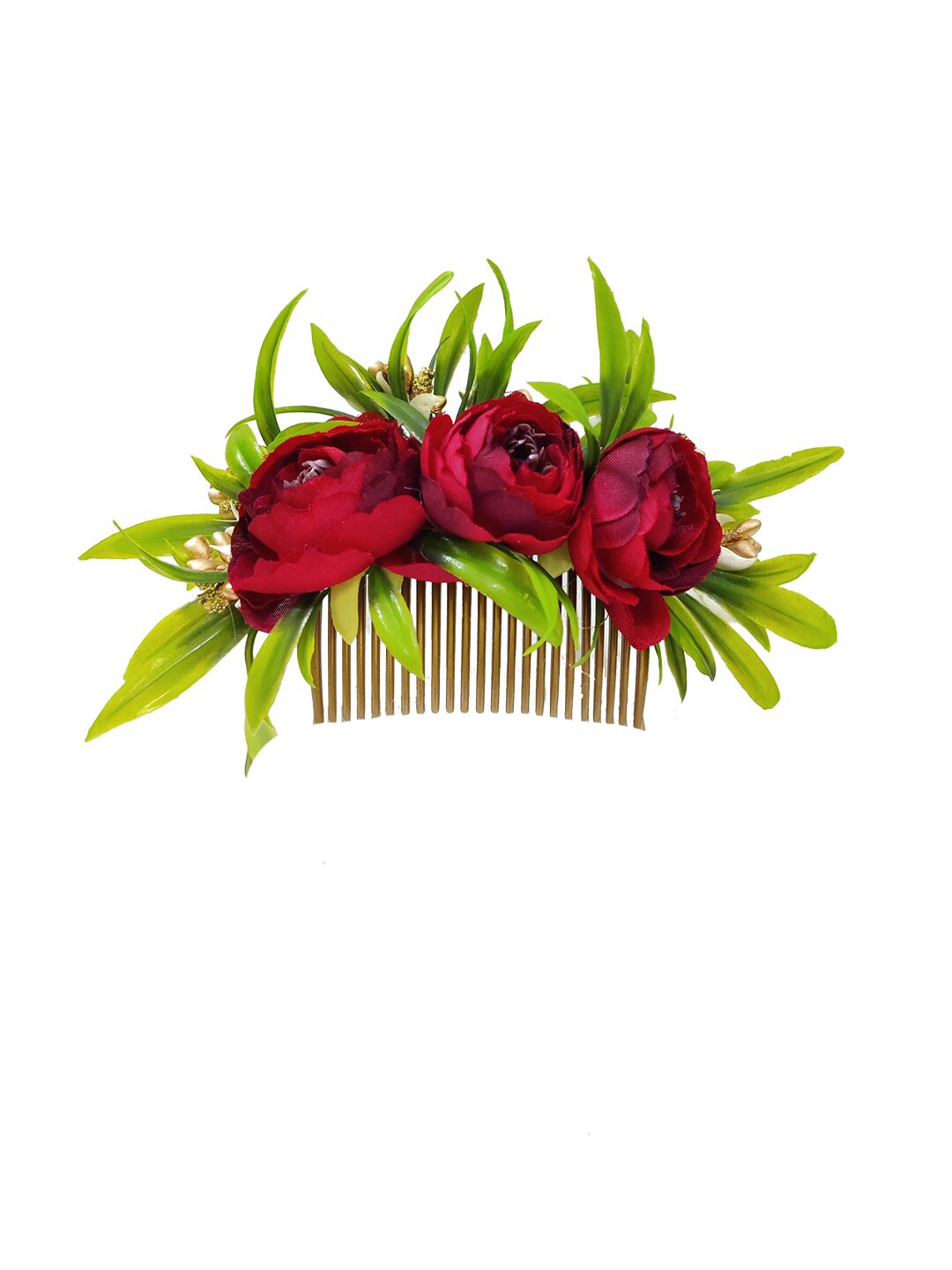 

Hair Flare Flower and Leaf Shaped with Artificial Beads Comb Pin, Red