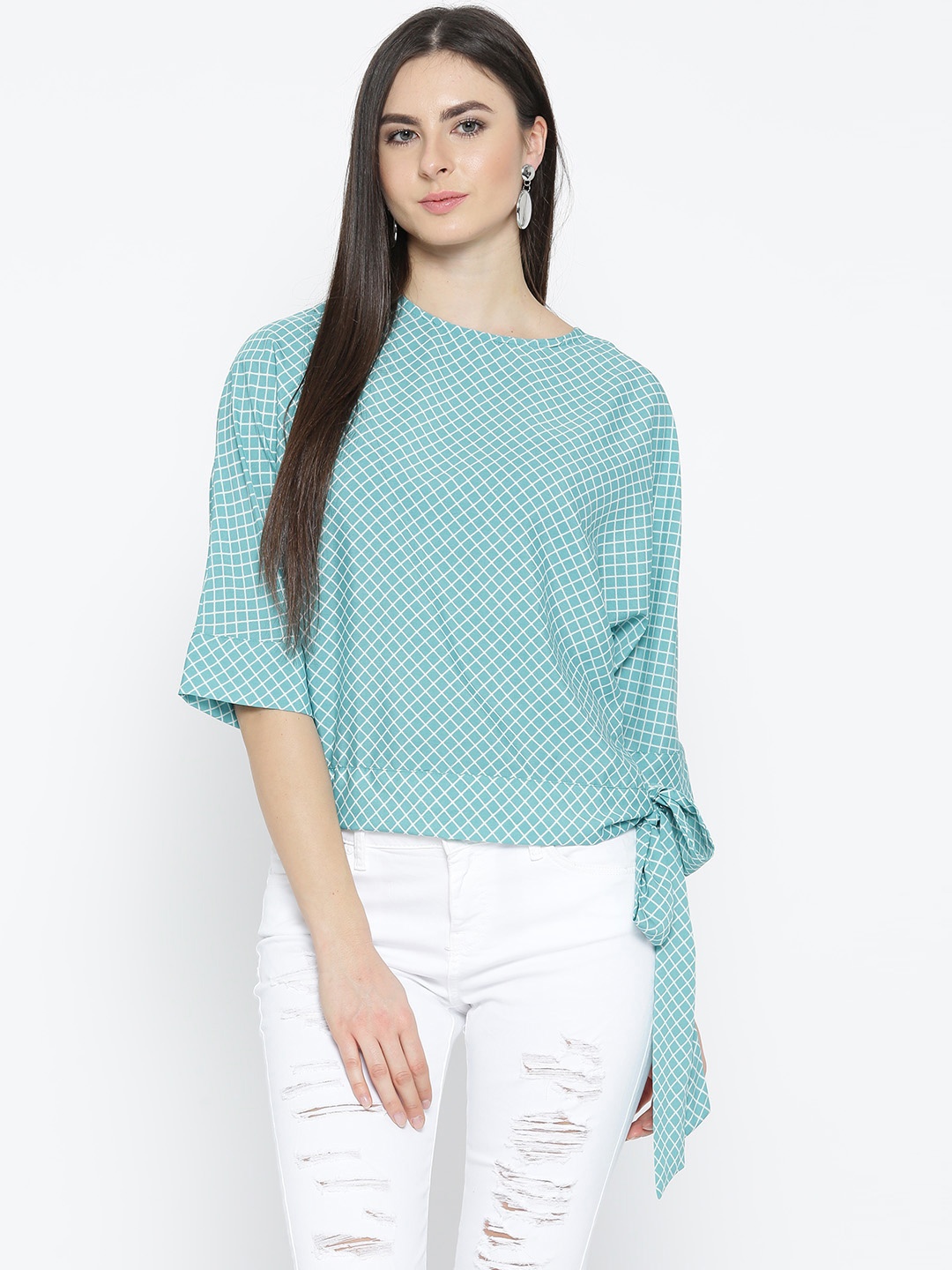 

Style Quotient Women Blue & White Checked Boxy Top