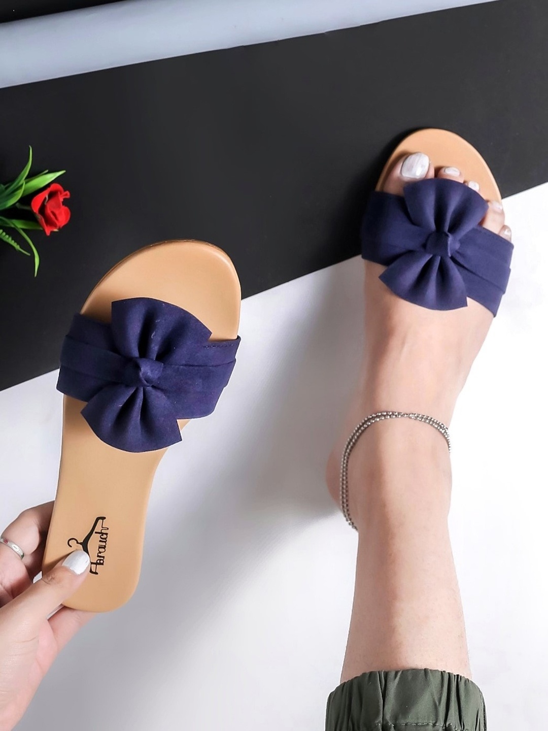 

Brauch Women Open Toe Slip On Flats With Bows Flats, Navy blue