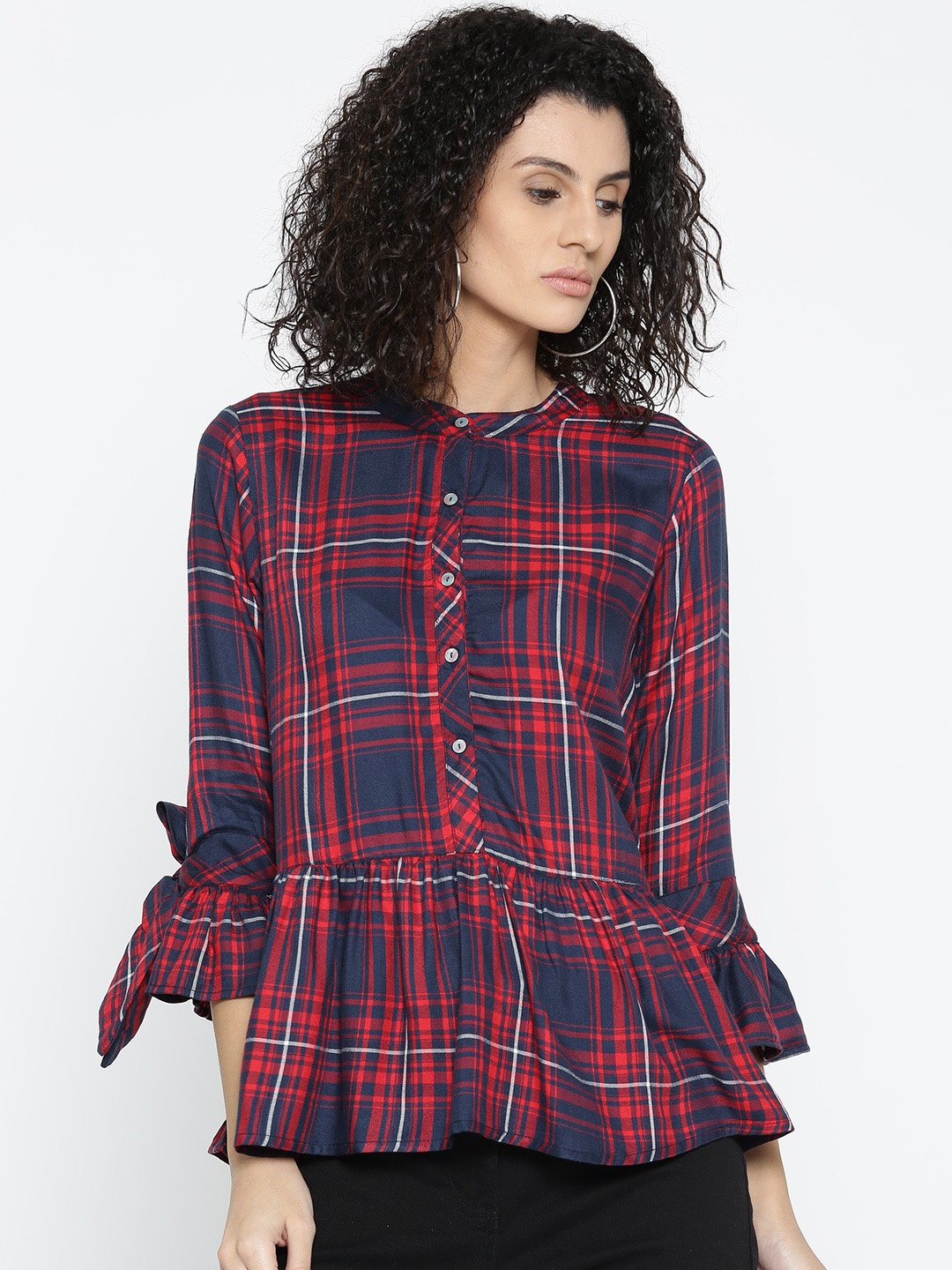 

Style Quotient Women Red & Navy Checked Peplum Top