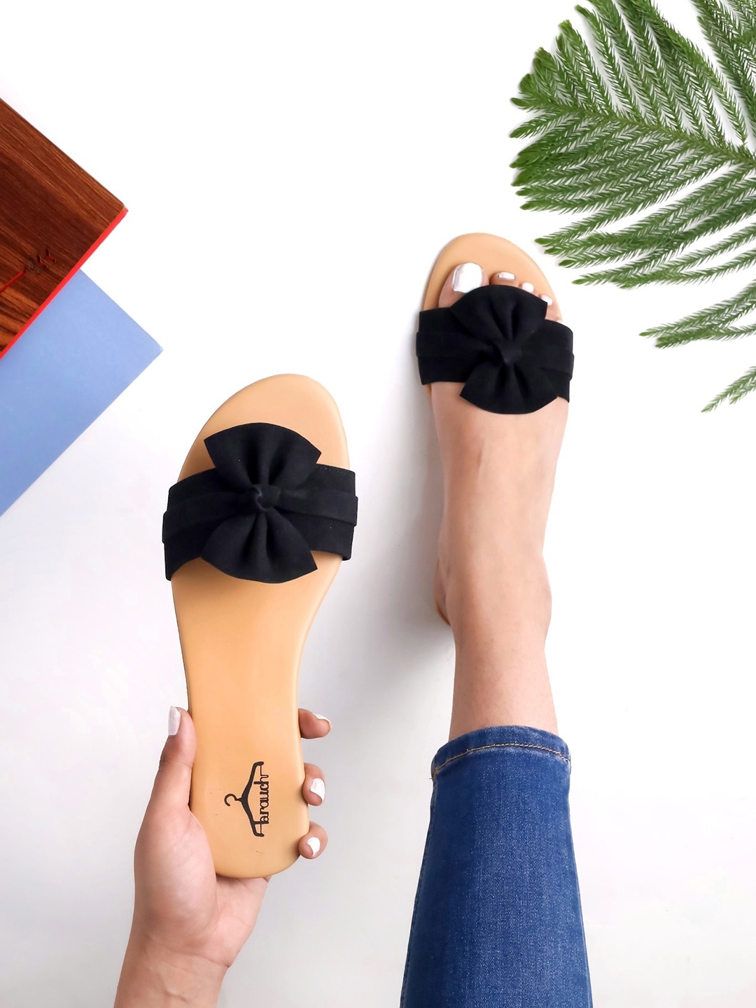 

Brauch Women Open Toe Slip On Flats With Bows Flats, Black