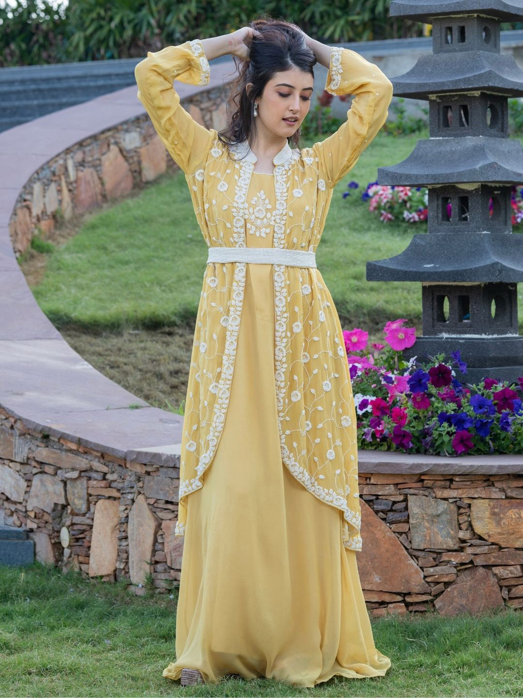 

HOUSE OF JAMOTI Mustard Yellow Floral Print Georgette Fit & Flare Dress