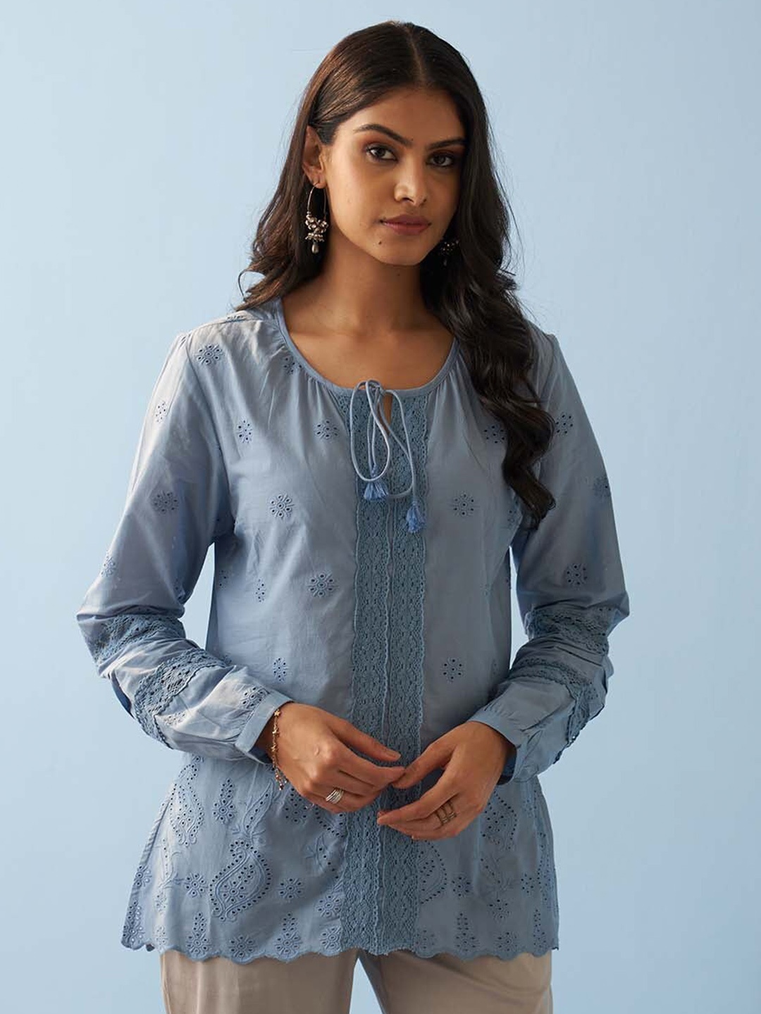 

Lakshita Tie-Up Neck Puff Sleeves Lace Insert Schiffli Cotton Top, Blue