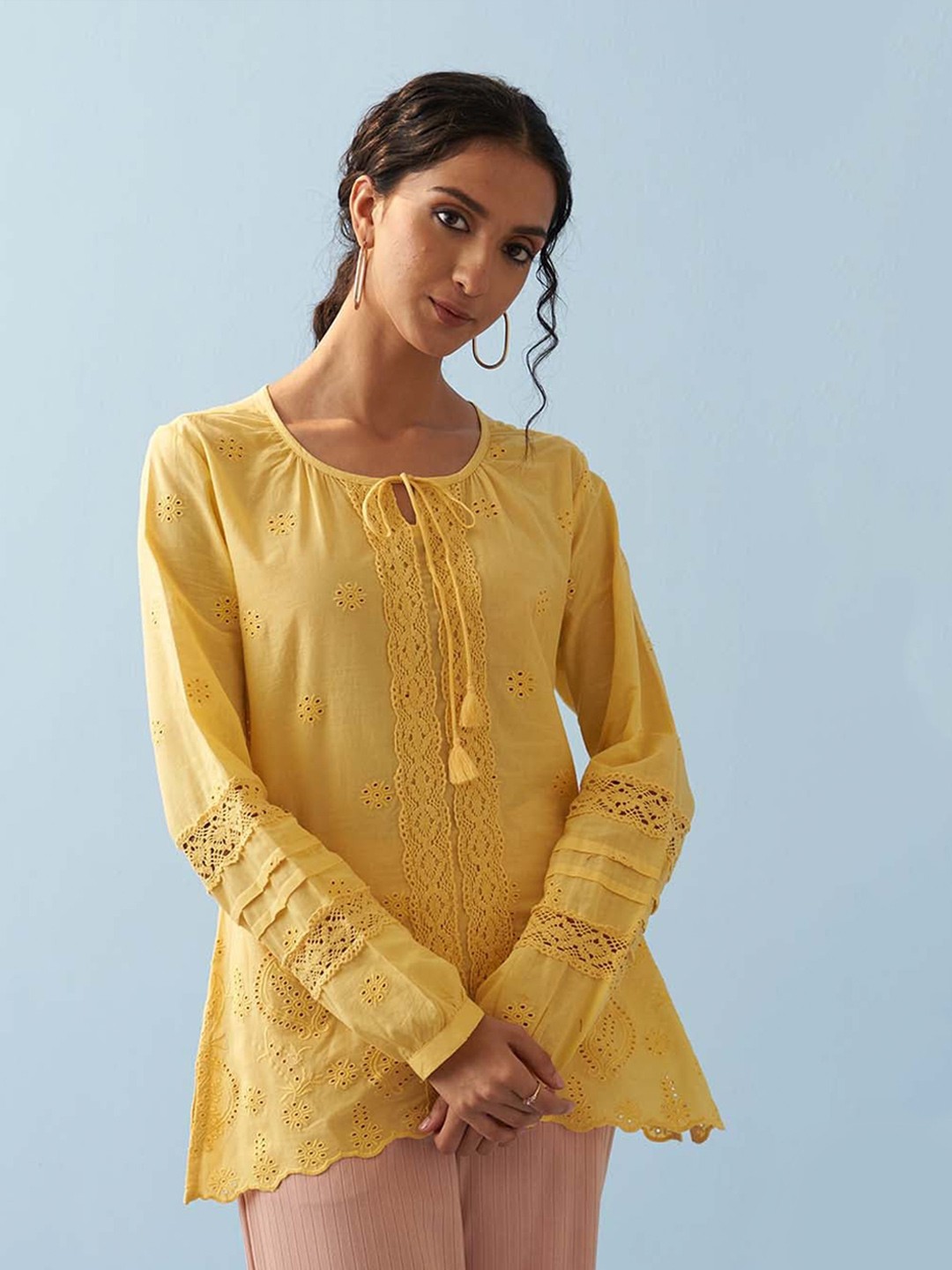 

Lakshita Self Design Tie-Up Neck Cotton Top, Yellow