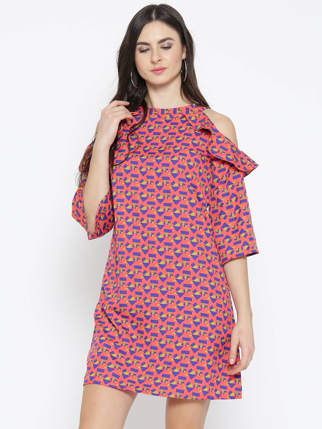 

Style Quotient Women Coral Pink Printed Cold-Shoulder A-Line Dress