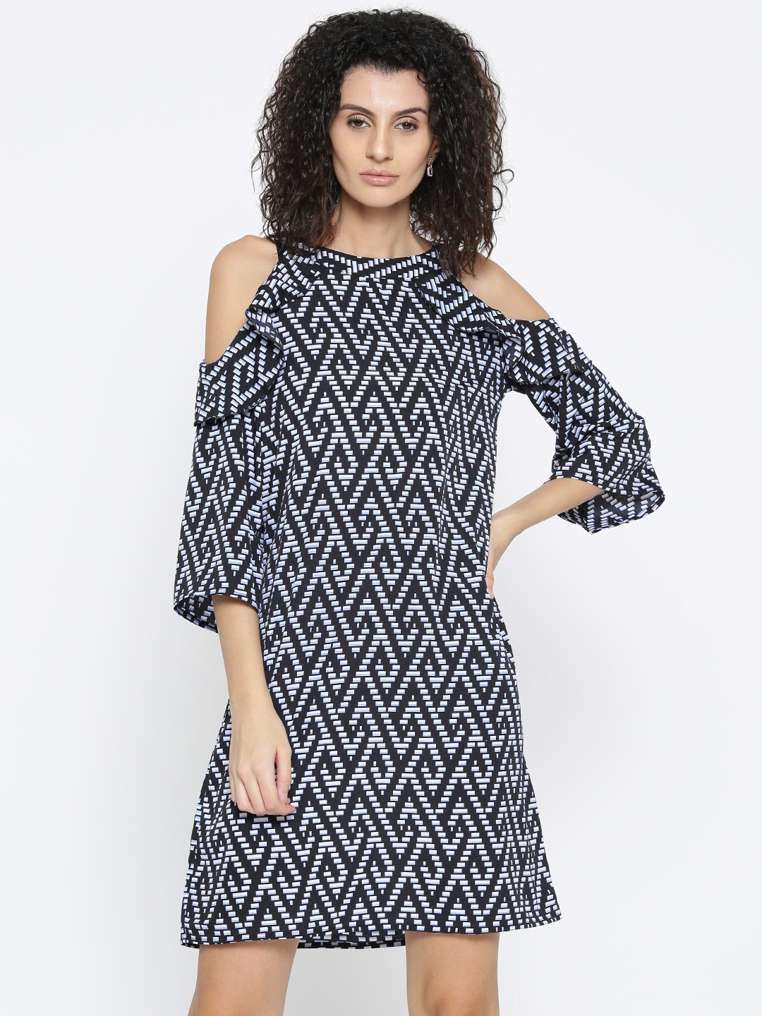 

Style Quotient Women Black Printed Cold-Shoulder A-Line Dress