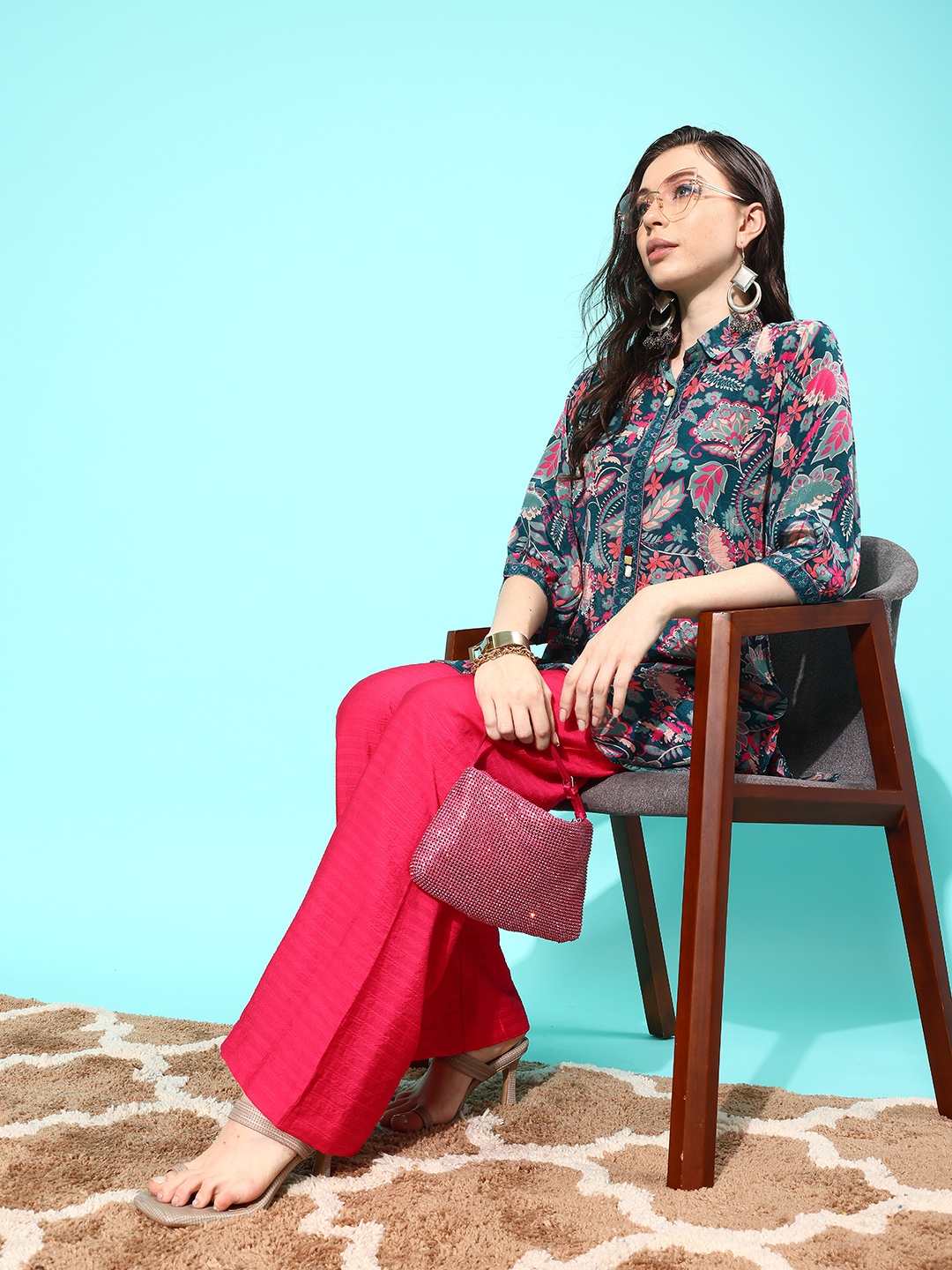 

ZOLA Shirt Collar Printed Tunic, Teal