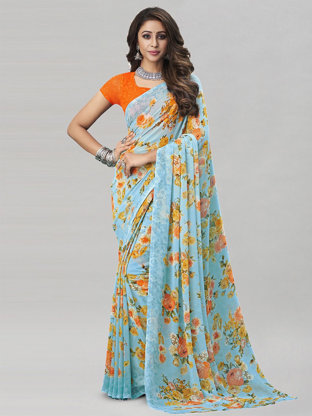 

Mitera Blue & Orange Floral Printed Poly Georgette Saree