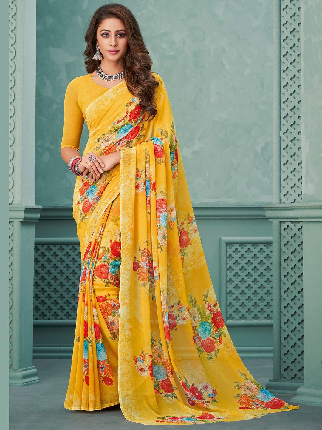 

Mitera Yellow & Red Floral Printed Poly Georgette Saree