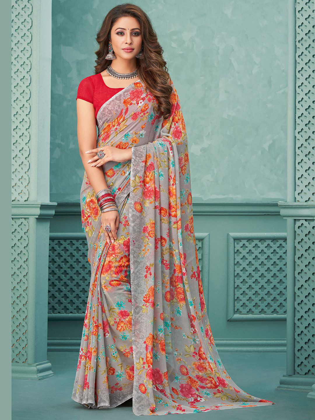 

Mitera Grey & Orange Floral Printed Poly Georgette Saree