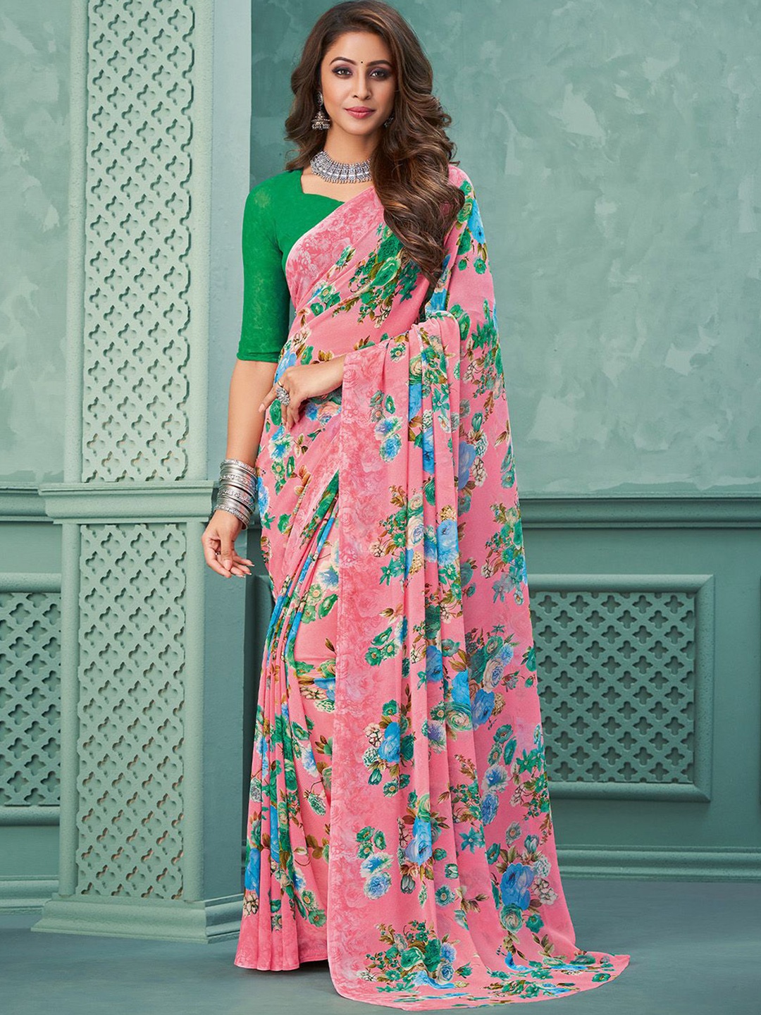 

Mitera Pink & Green Floral Print Poly Georgette Saree