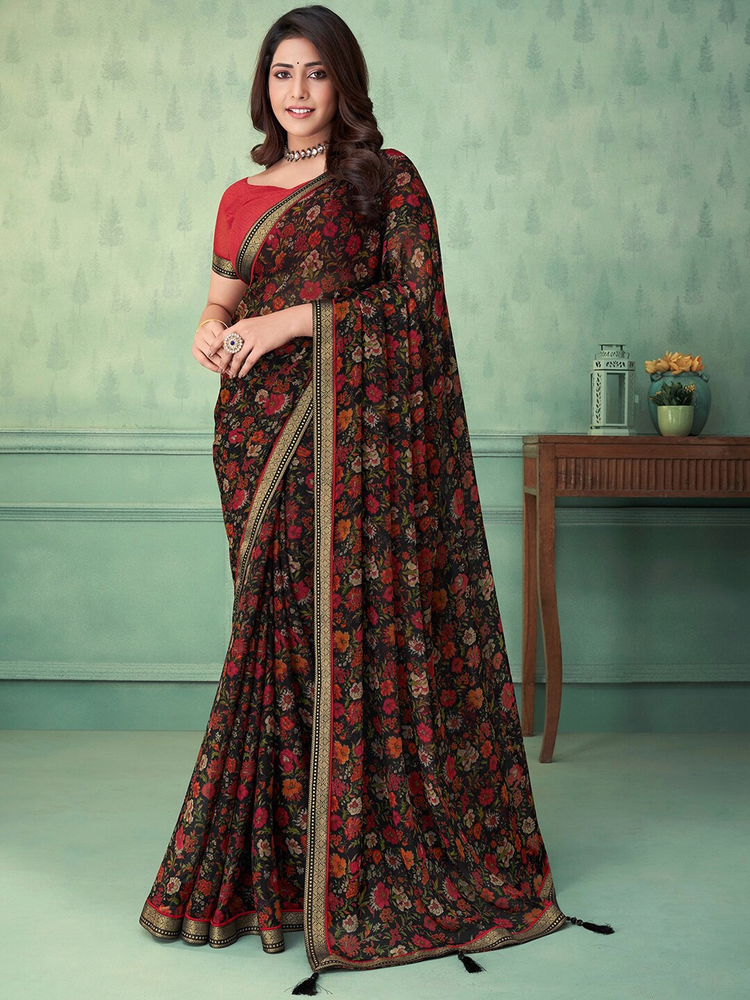 

Kasak Floral Printed Zari Pure Chiffon Saree, Brown