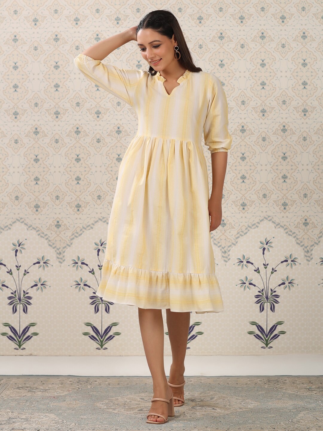 

Ode by House of Pataudi Striped Cotton A-Line Dress, Yellow