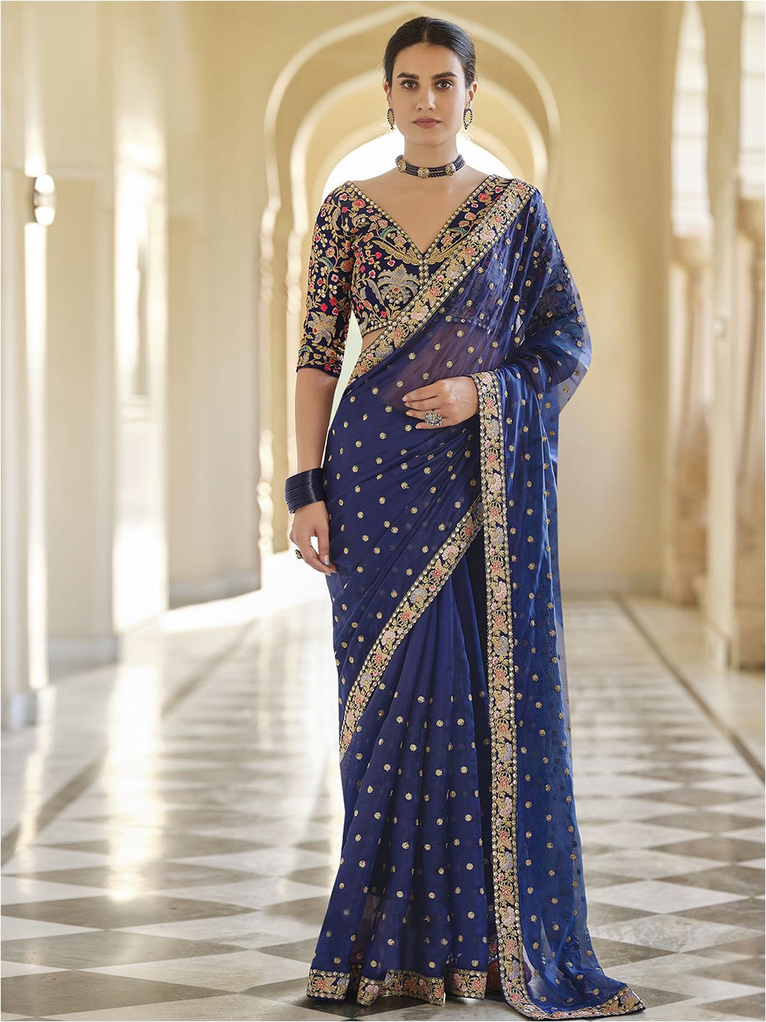 

Satrani Blue & Gold-Toned Embellished Poly Georgette Saree