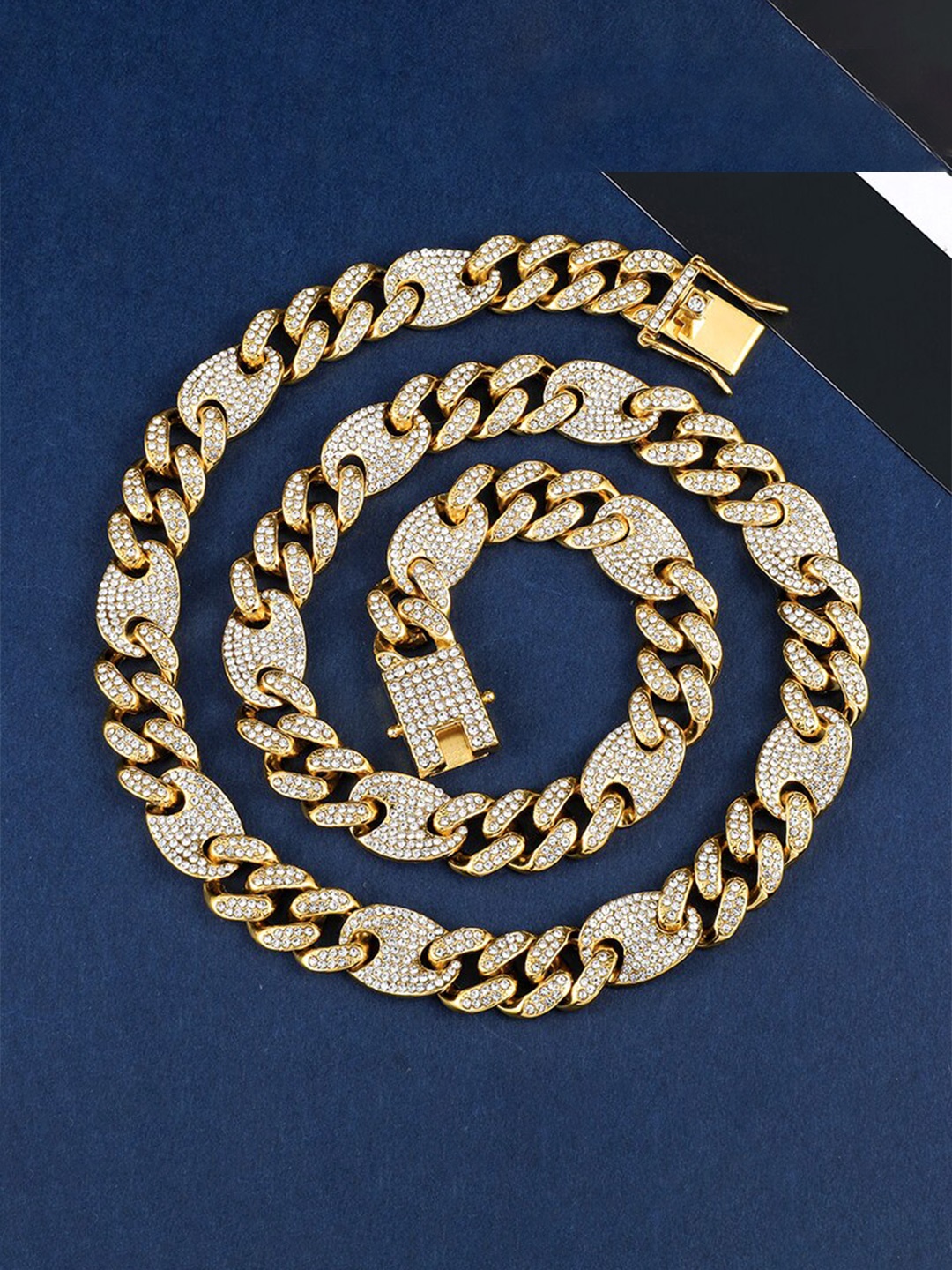 

VIEN Men Gold-Plated Cubic Zirconia-Studded Cuban Link Chain