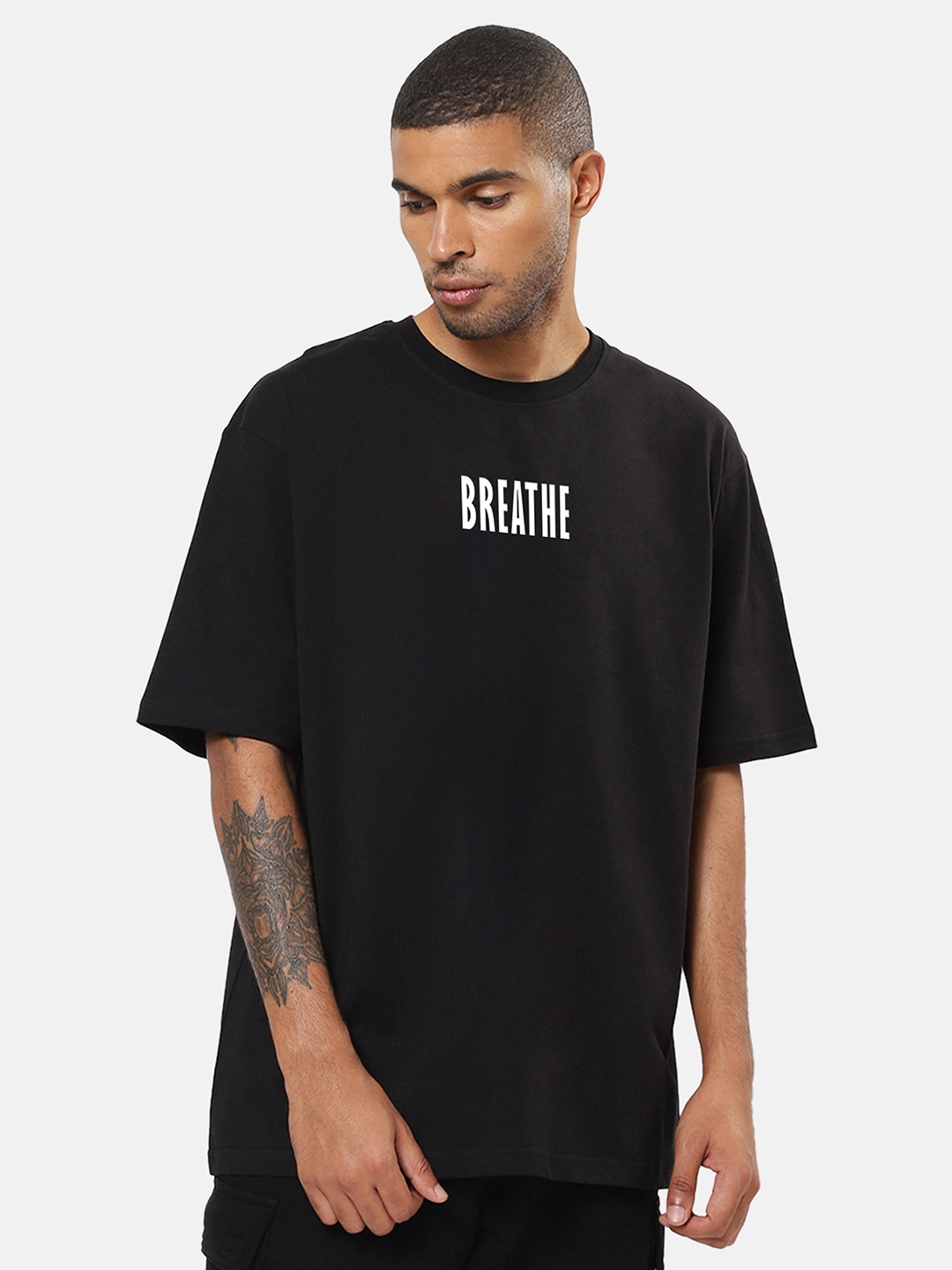 Mad Over Print Typography Printed Drop-Shoulder Sleeves Cotton Oversize T-shirt, Black