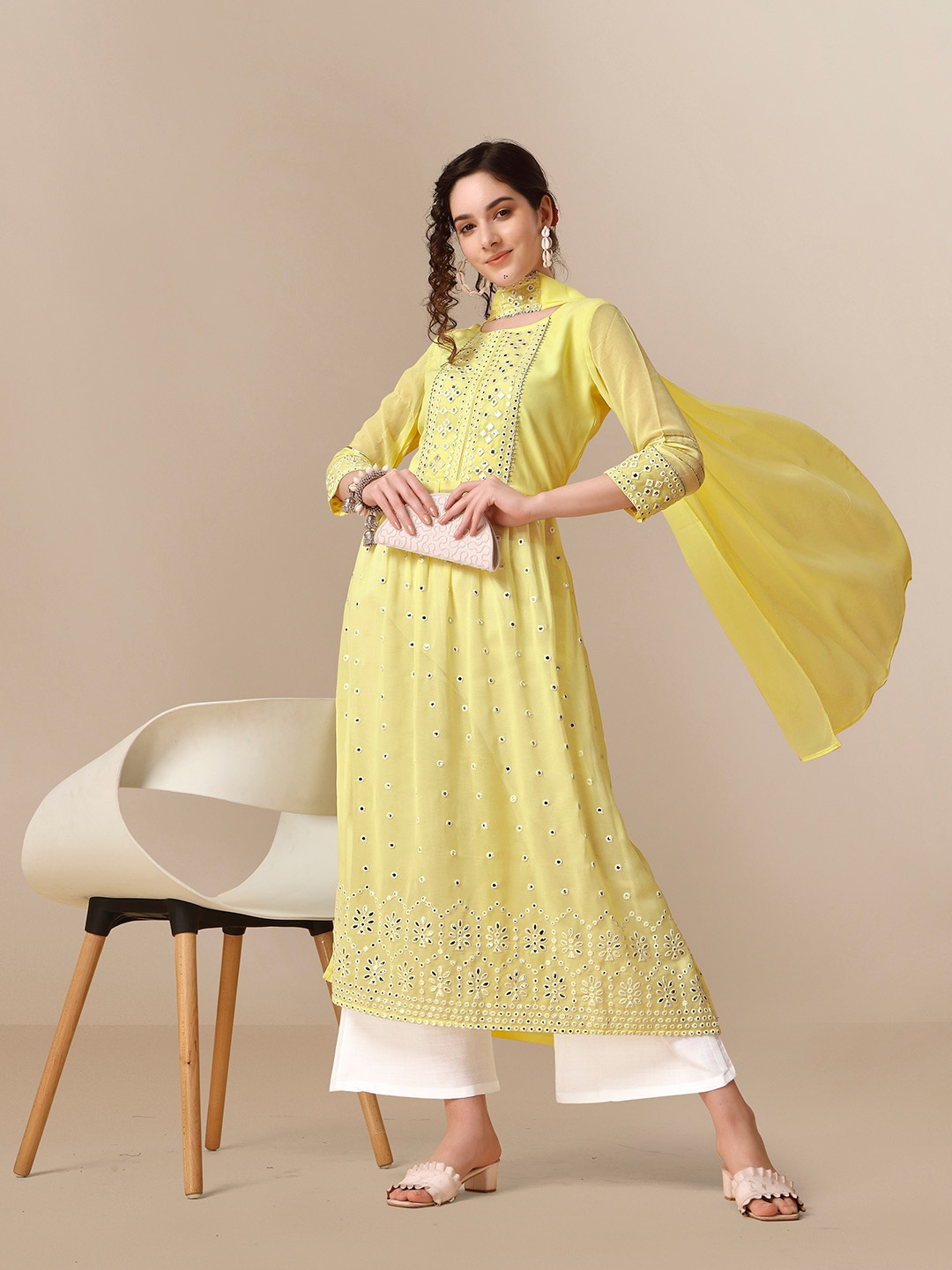 

Sangria Green & White Geometric Embroidered Georgette A-Line Kurta With Palazzos & Dupatta