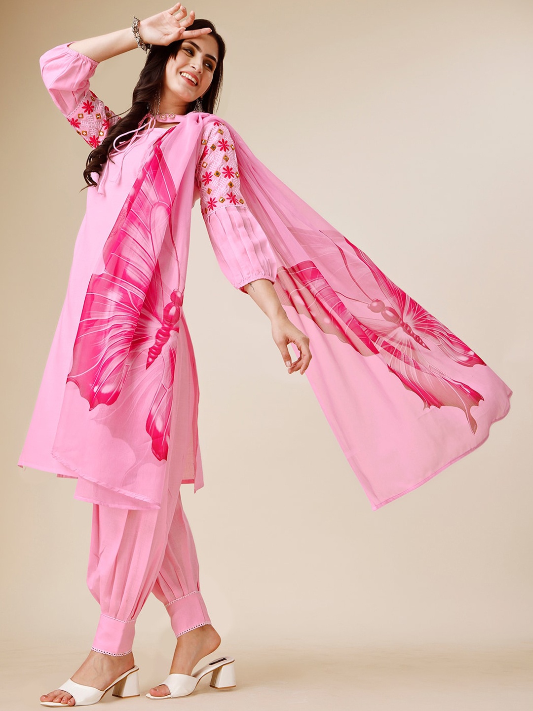 

Sangria Pink Floral Embroidered A-Line Kurta With Salwar & Dupatta