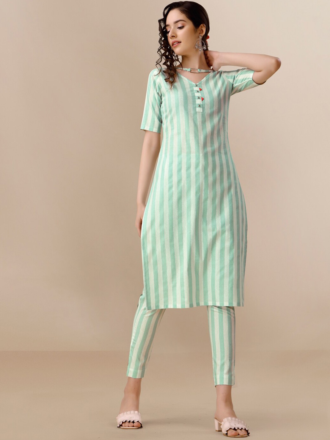 

Sangria Sea Green & White Striped V Neck Kurta With Trouser