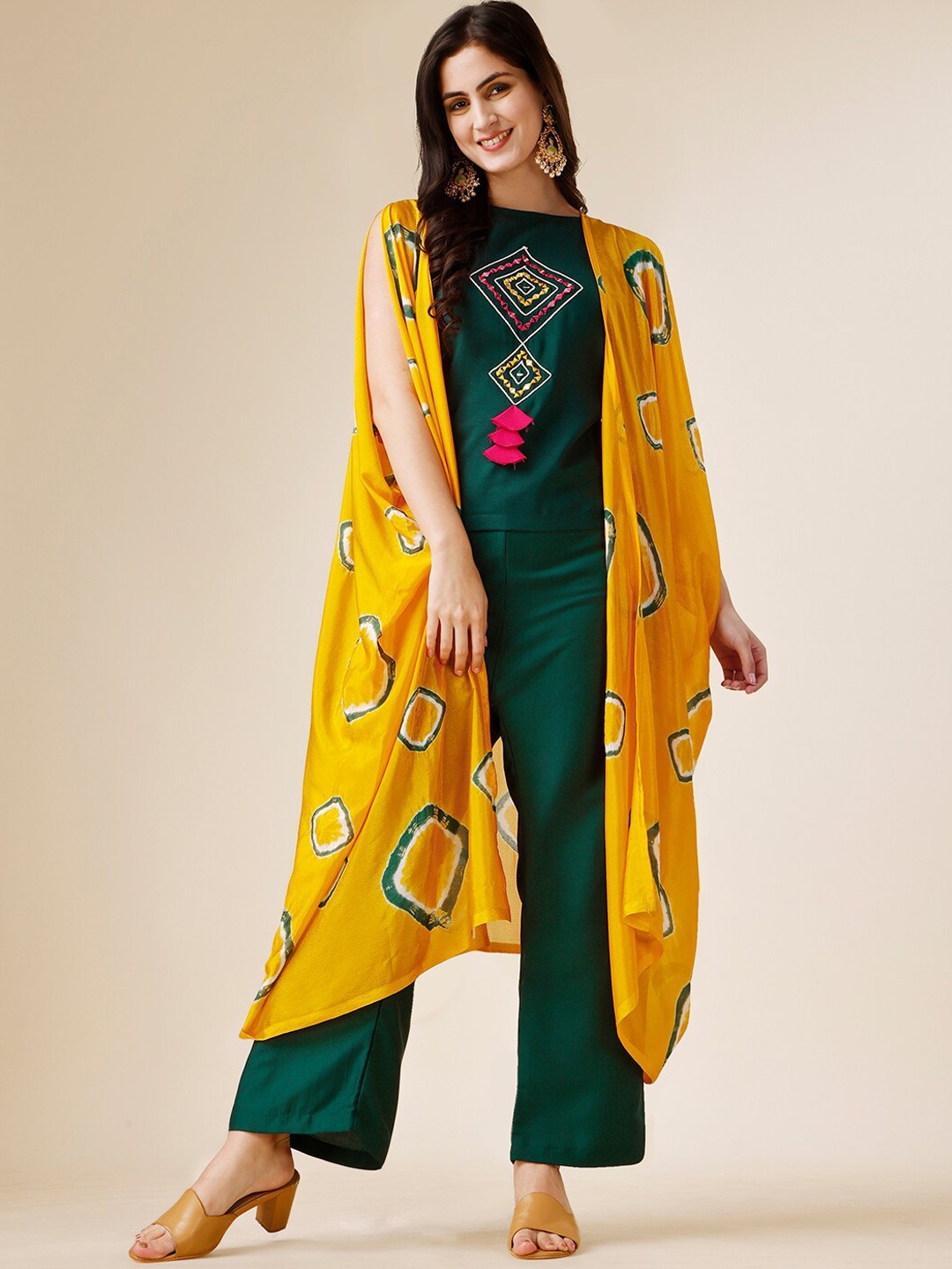 

Sangria Green & Mustard Yellow Yoke Design Mirror Work Top With Palazzo & Jacket