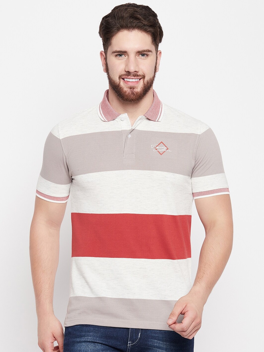 

Austin wood Striped Polo Collar Cotton T-shirt, White