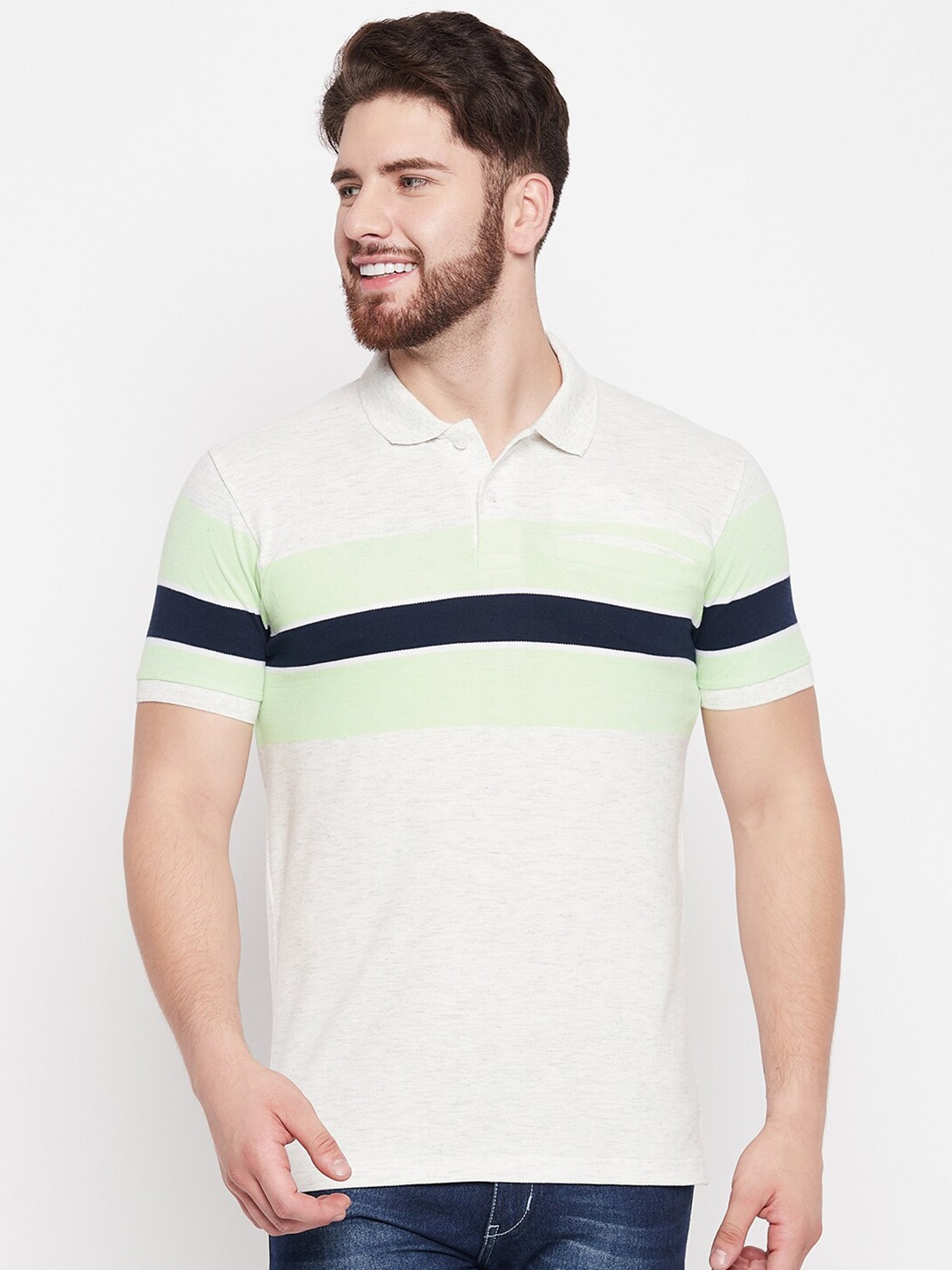 

Austin wood Striped Polo Collar Cotton T-shirt, White