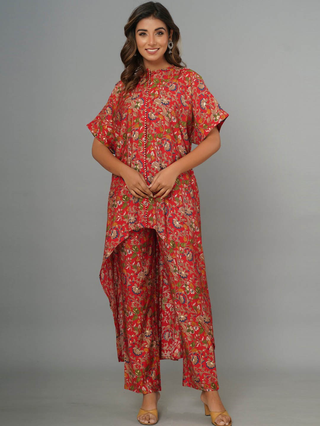 

CRAFTED FOR YOU Muslin Printed High-Low Tunic & Trousers, Red