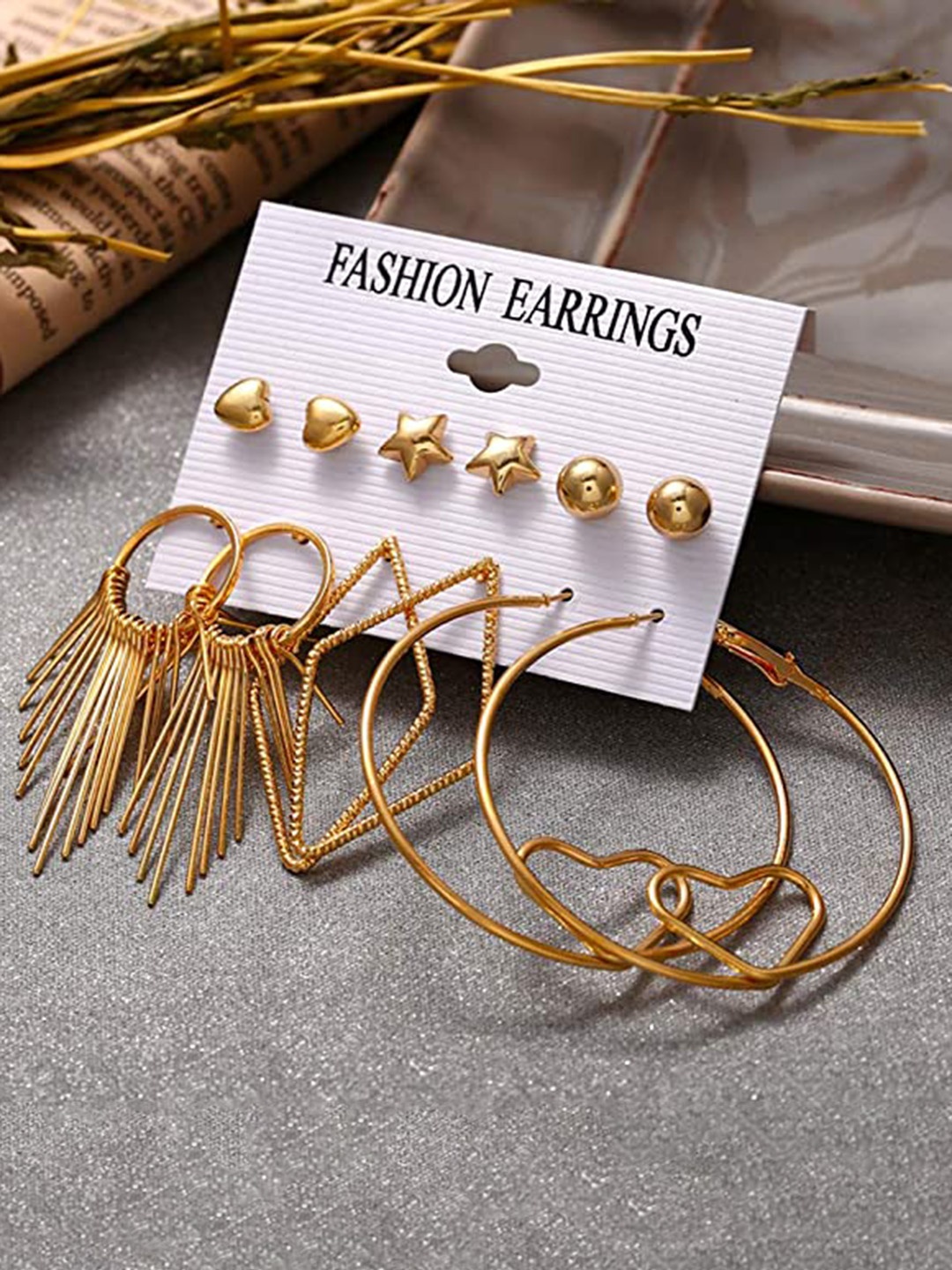

VIEN Set Of 6 Gold-Plated Contemporary Studs and Hoop Earrings