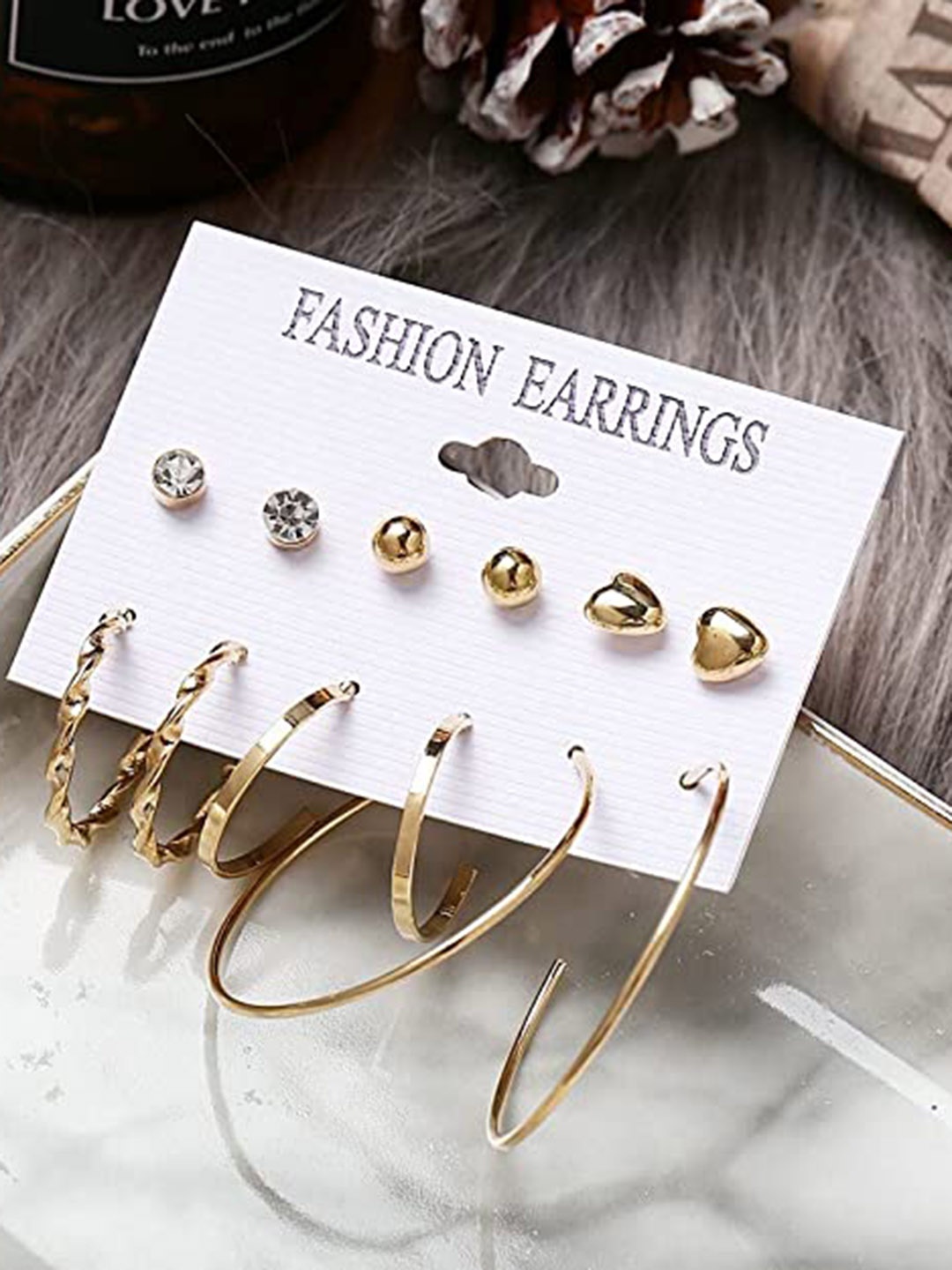 

VIEN Set Of 6 Gold-Plated Contemporary Studs and Hoop Earrings