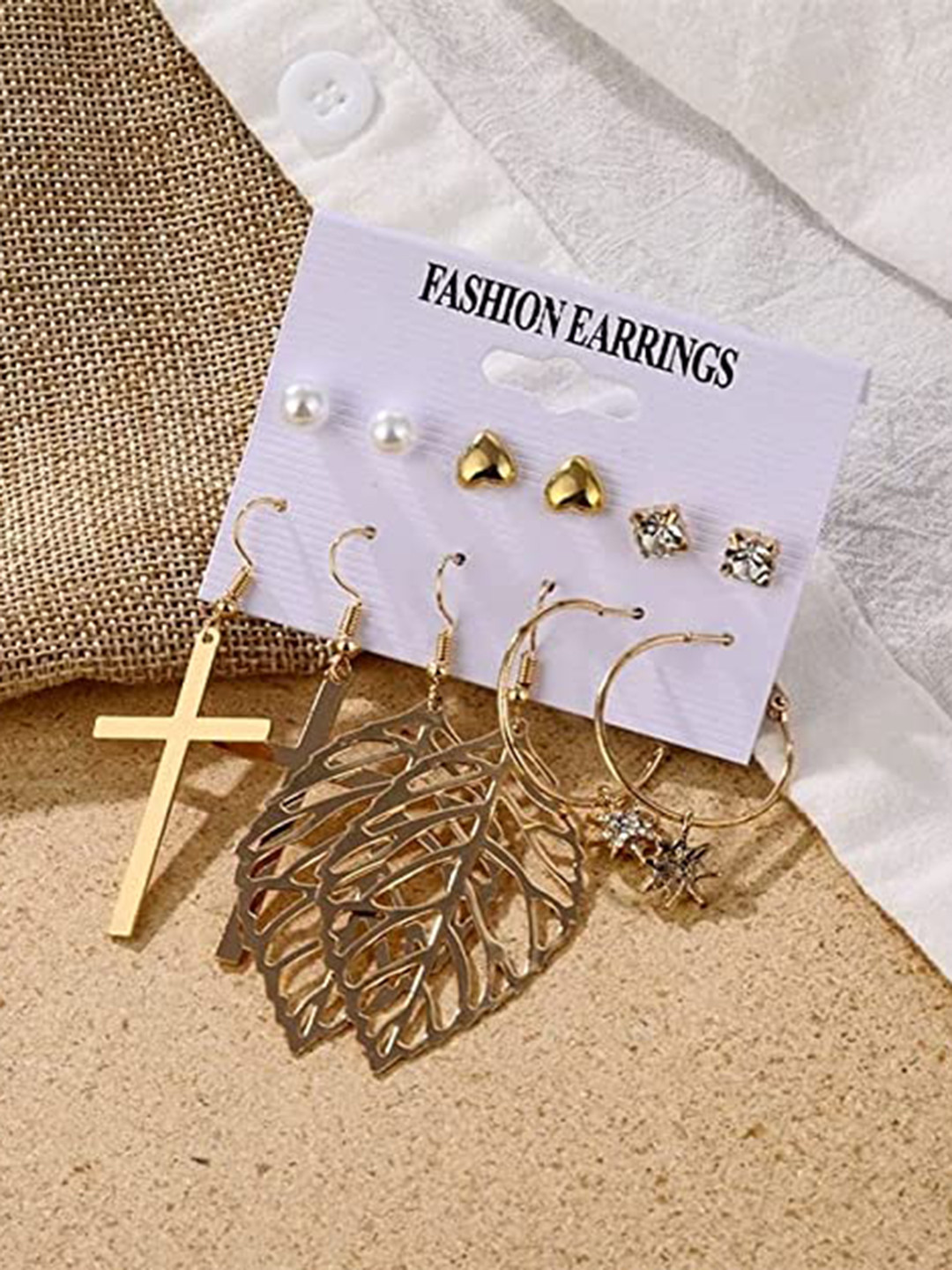 

VIEN Set Of 6 Gold-Plated Contemporary Studs & Hoop Earrings