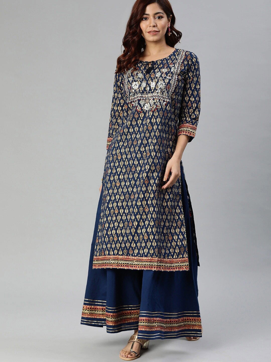 

Divena Ethnic Motifs Printed Gotta Patti Pure Cotton Kurta with Palazzos, Blue