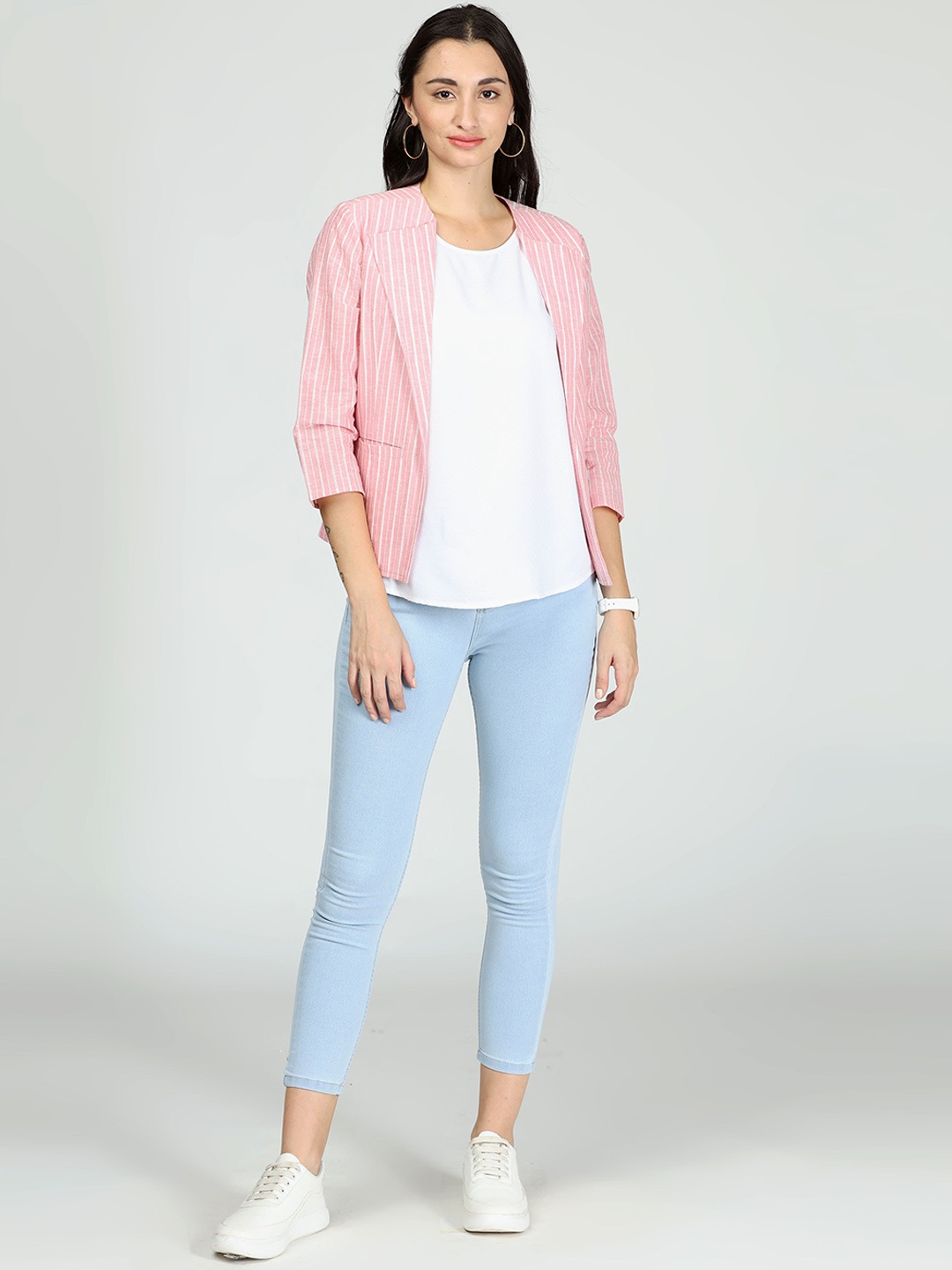 

IDK Women Striped Lightweight Cotton Open Front Jacket, Pink