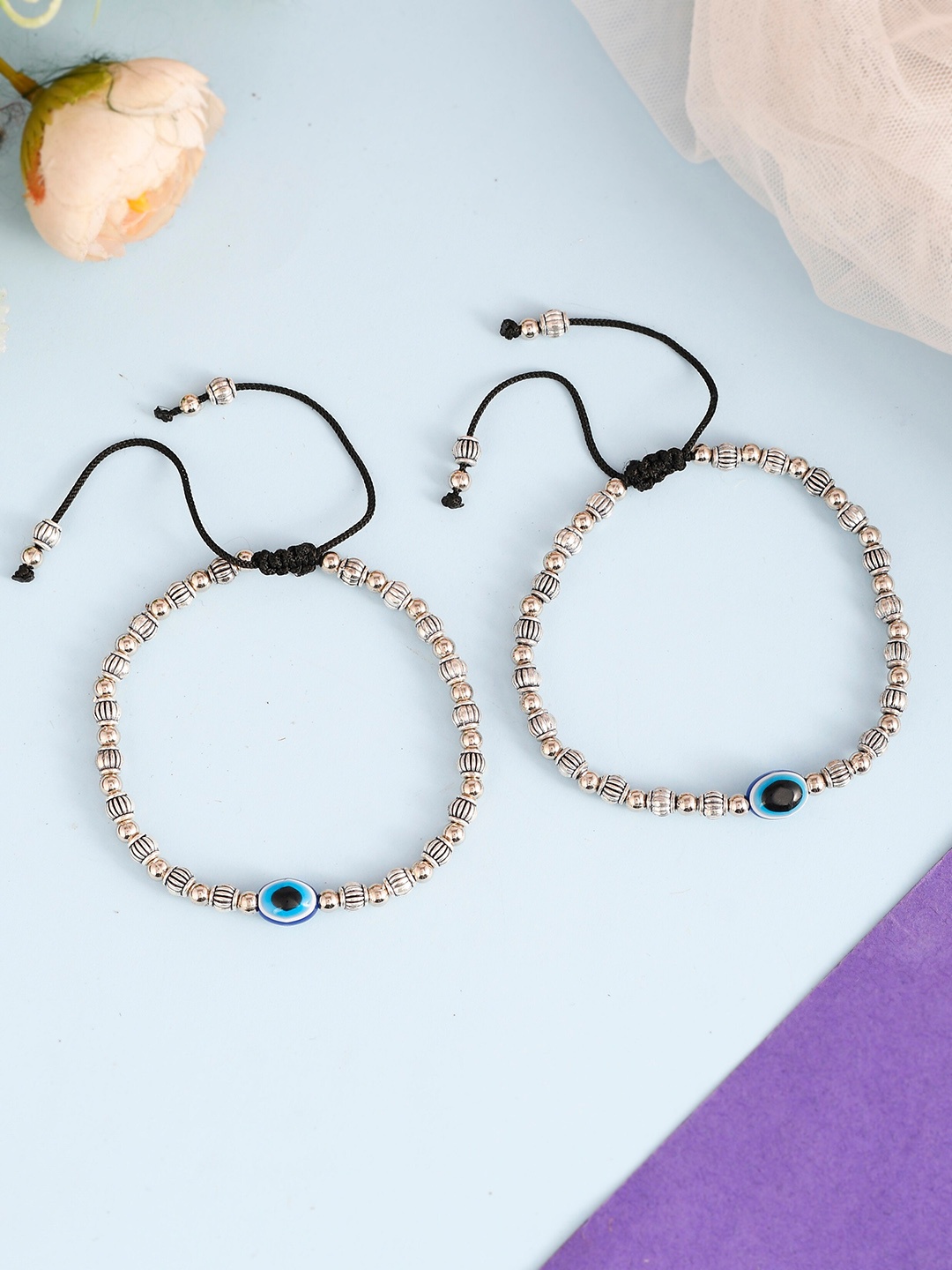 

Silvermerc Designs Set Of 2 Silver-Plated Oxidized Evil Eye Anklets