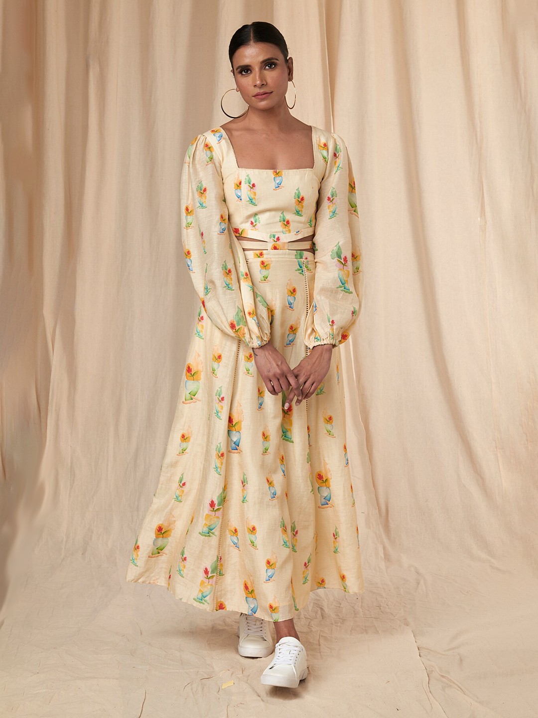 

Masaba Floral Printed Puff Sleeves Cut-Out Linen A-Line Maxi Dress, Off white
