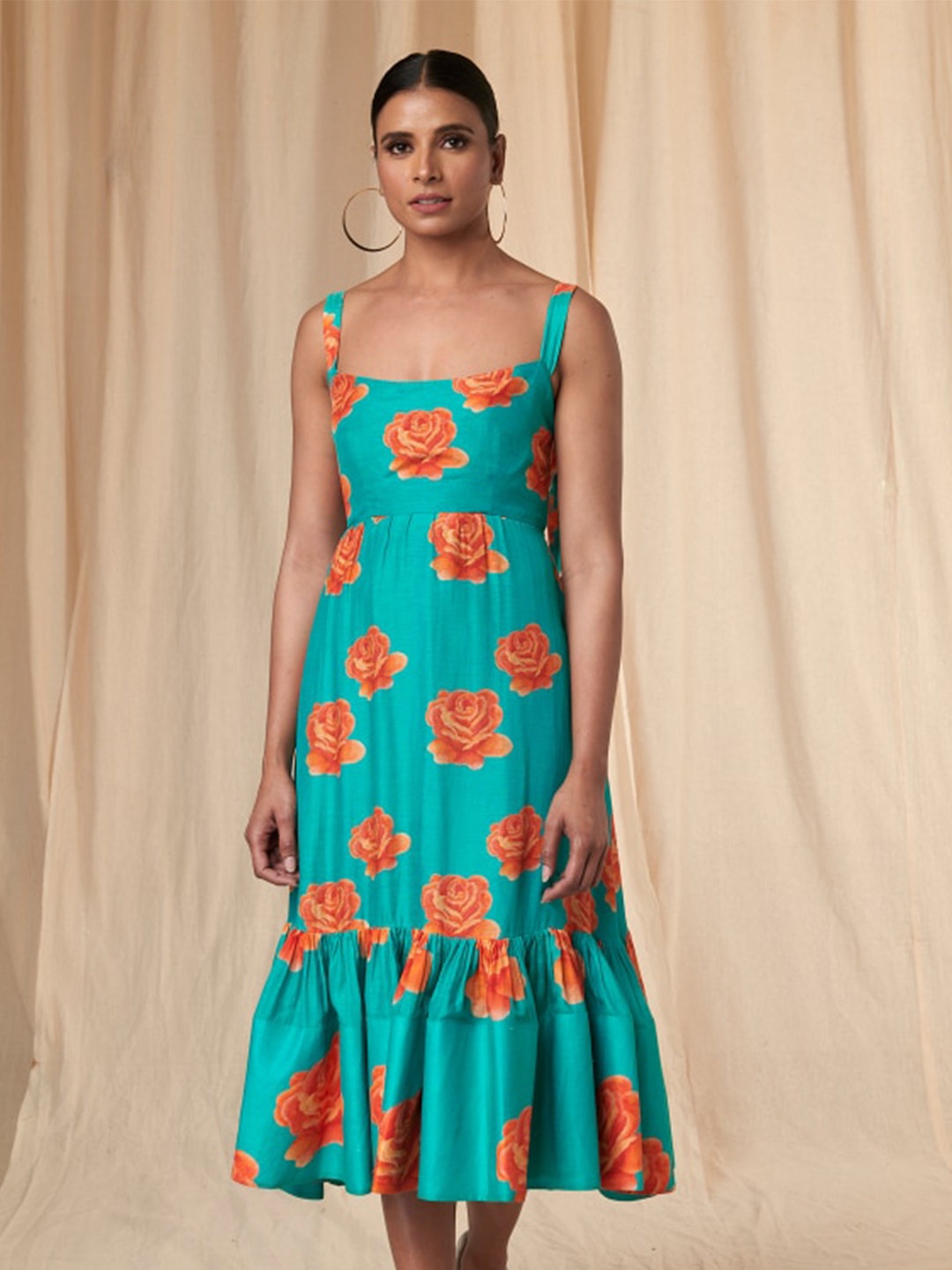 

Masaba Floral Printed Linen Fit & Flare Midi Dress, Teal