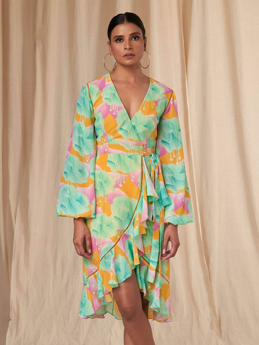 

Masaba Haley Aquamarine Bloomerang Floral Printed Puff Sleeves Wrap Dress, Turquoise blue
