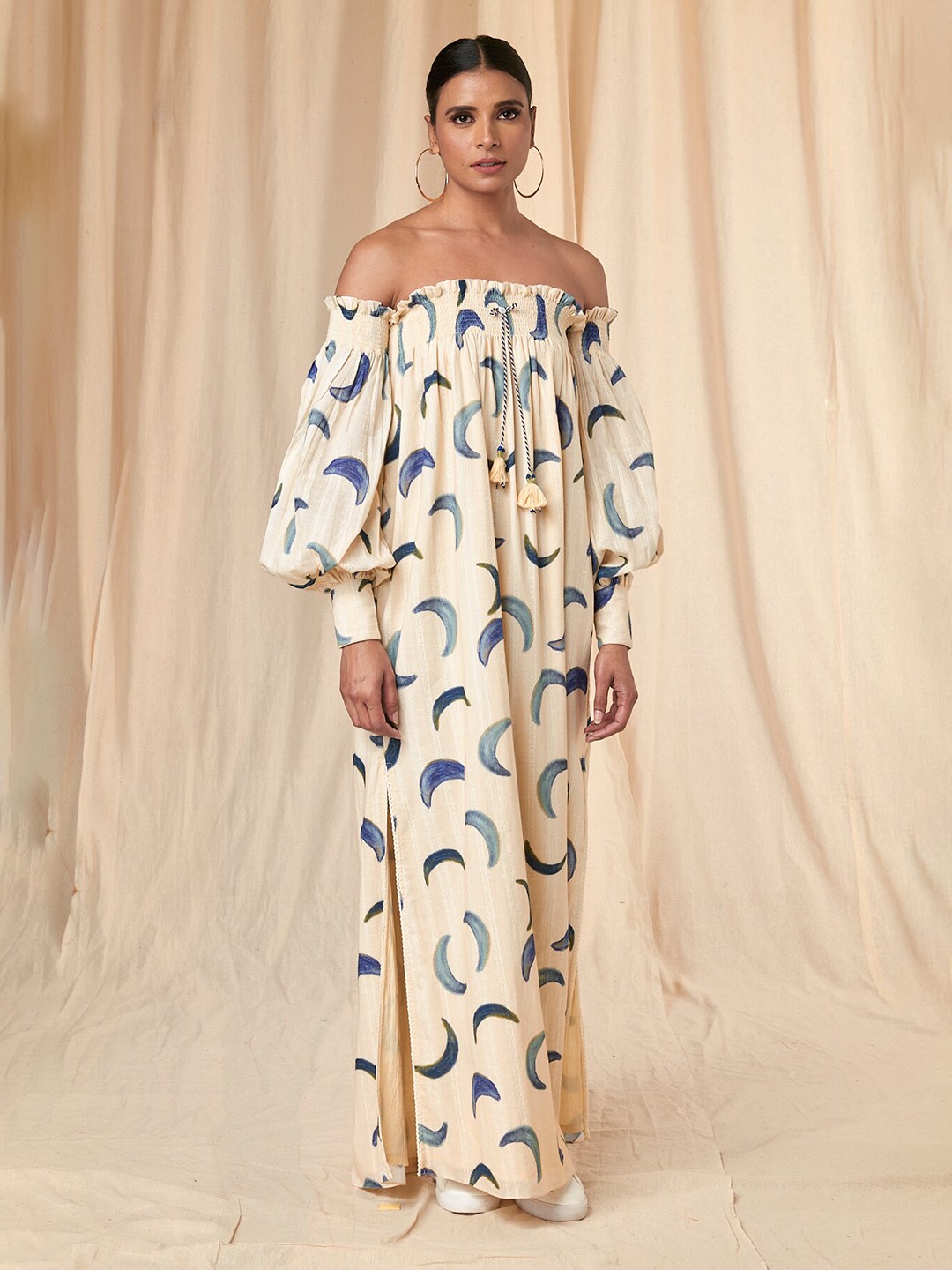 

Masaba Conversational Printed Off-Shoulder Smocked Cotton A-Line Maxi Dress, Off white