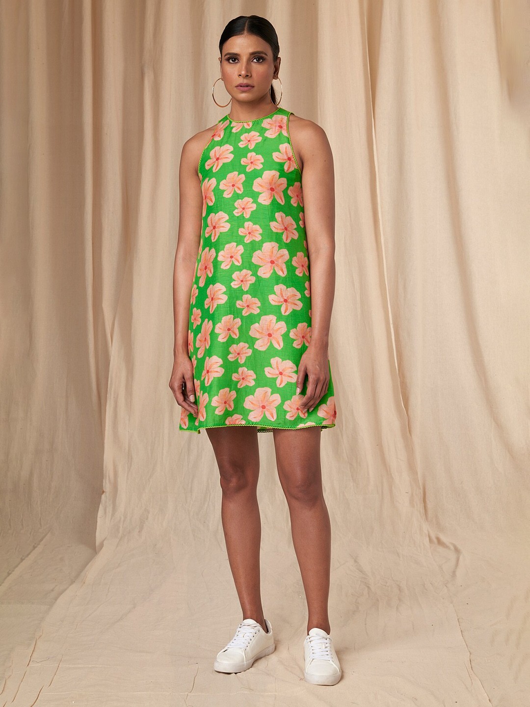 

Masaba Crazy Daizy Floral Printed Linen Halter Neck A-Line Mini Dress, Green