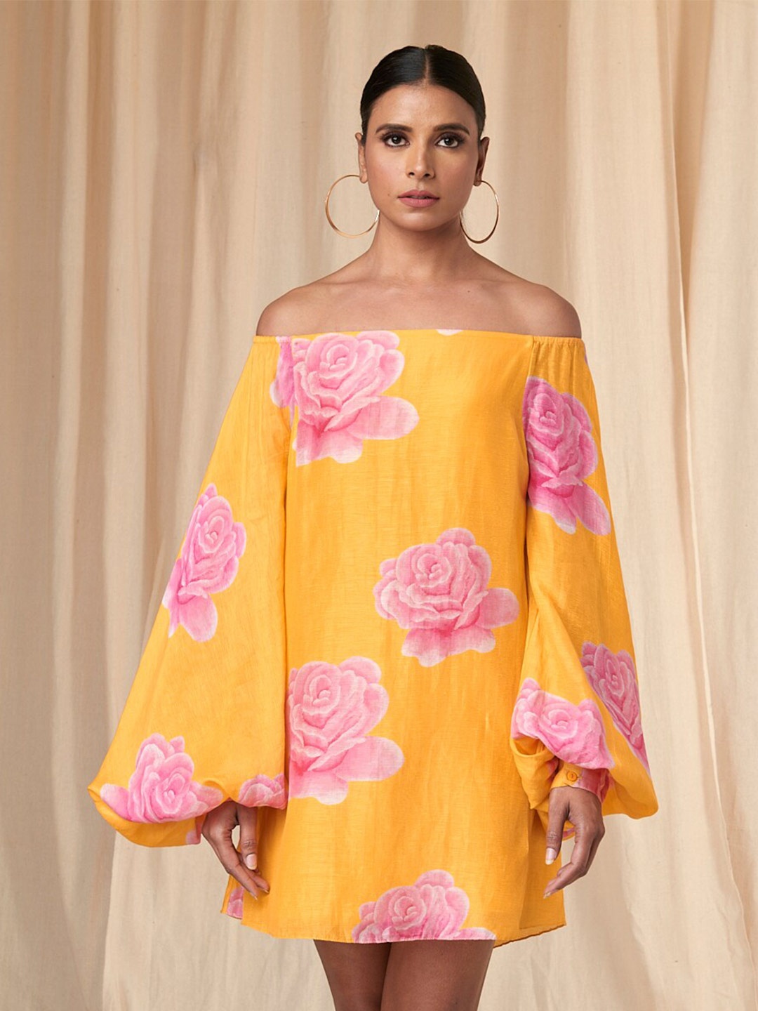 

Masaba Floral Printed Off-Shoulder Bishop Sleeves Linen A-Line Dress, Mustard